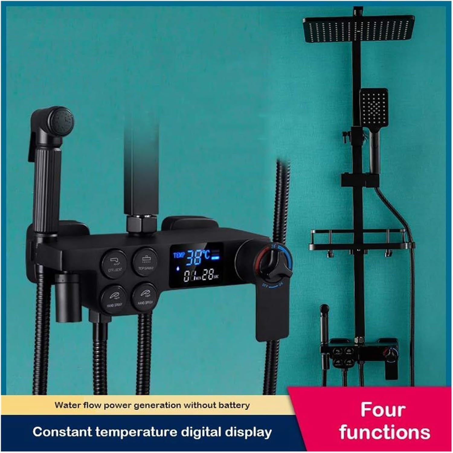 Bathroom Full Copper Black Shower Set Double Row Button Thermostatic Digital Display 4-speed Handheld Shower(S1810chcdd4g)