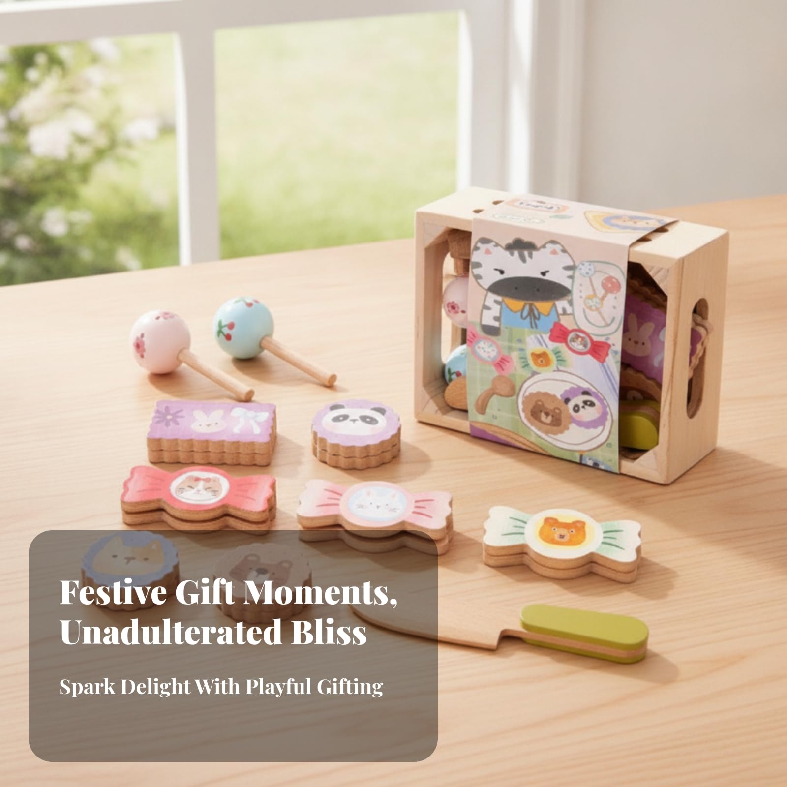 Holz-Lebensmittelset Bedruckt Holz-Spiellebensmittel Griffausschnitte Kaufladen Zubehör Set für Rollenspiel, Pappelholz Desserts