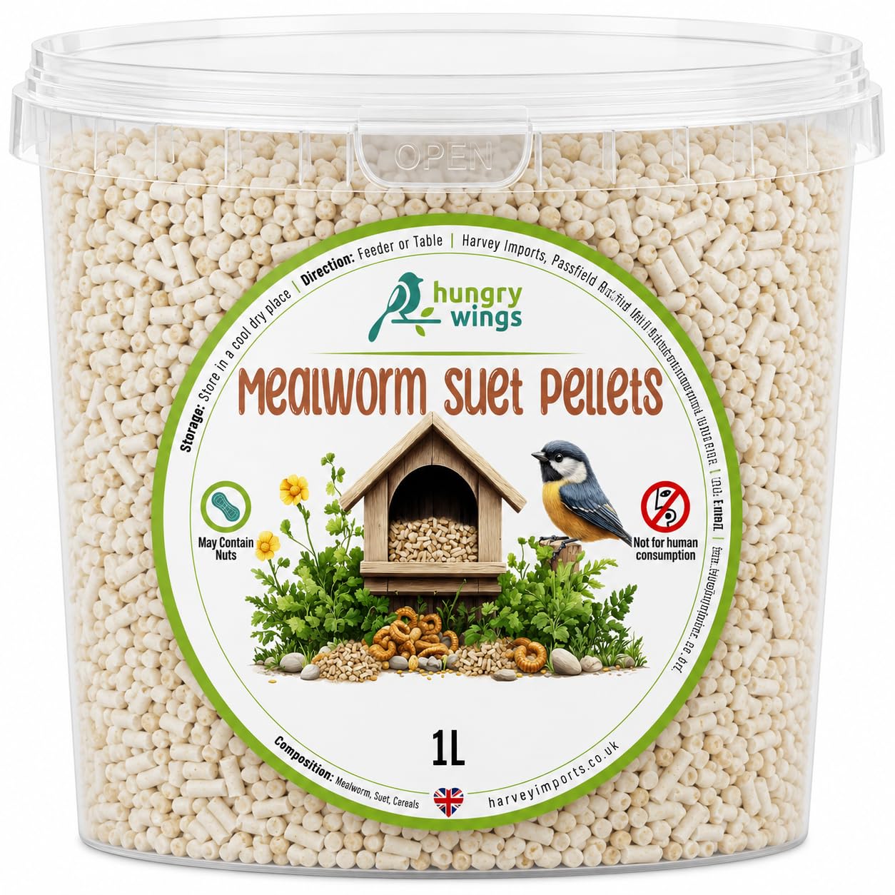 Premium Wild Bird Food 1L Tub (1L Tub, Mealworms Suet Pellets)