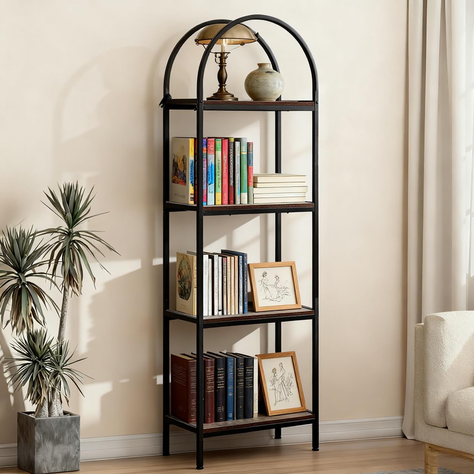 Arched 4-Tier Tall Bookshelf, Narrow Freestanding Bookcase with Metal Frame - Modern Open Display Storage Shelves for Home Office, Living Room or Bathroom - Black Frame + Brown Board, 4 Layers