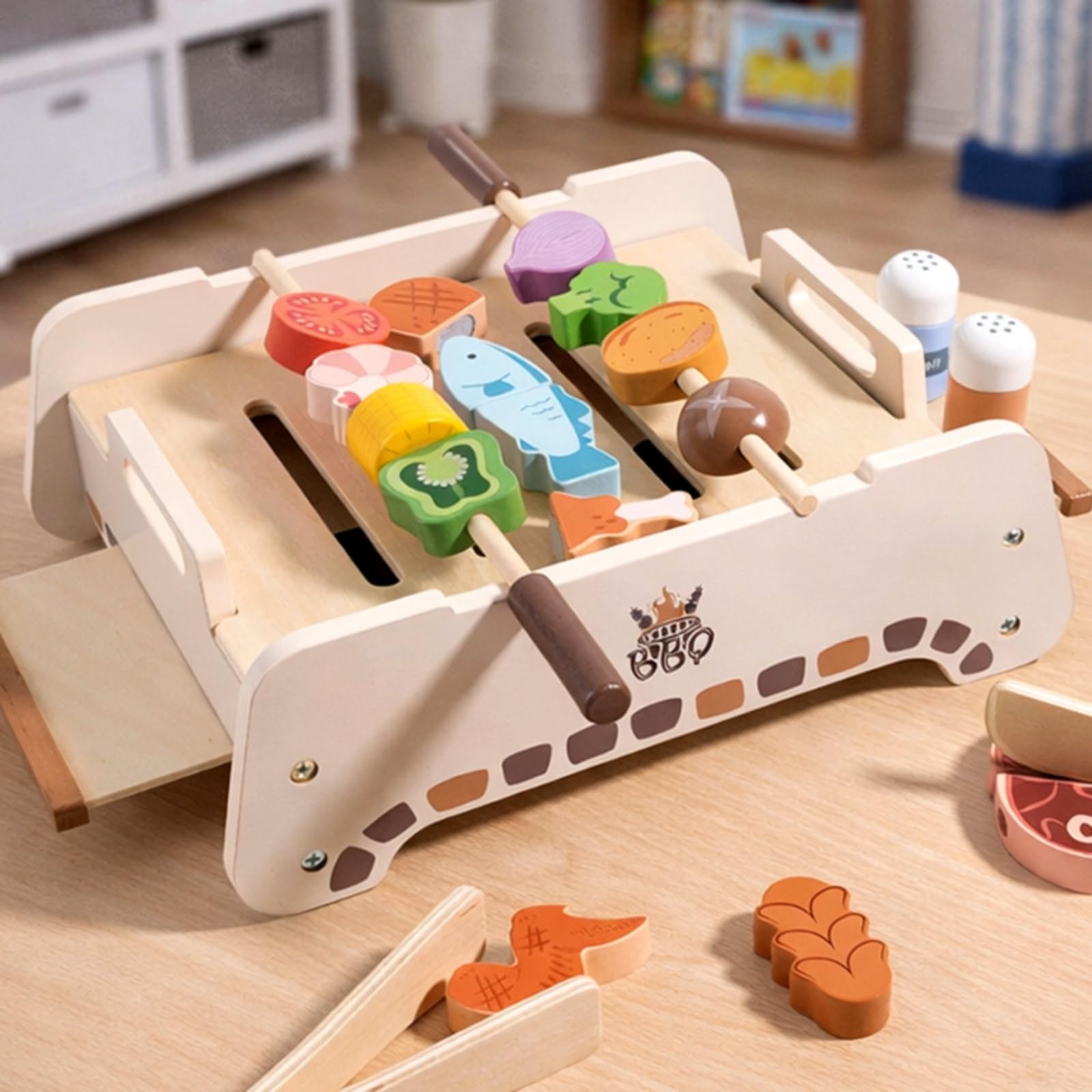 Barbecue Giocattolo in Legno Griglia Giocattolo con Accessori Compatto Gioco di Ruolo per Bambine, Cameretta