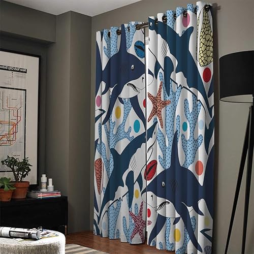 Miniatura 2 de FortuneHouse Blackout Curtains Thermal Insulated Cartoon Sea Animal Blue Shark Solid Pattern Metal Grommet Elegant Room Drapes Window Curtain for