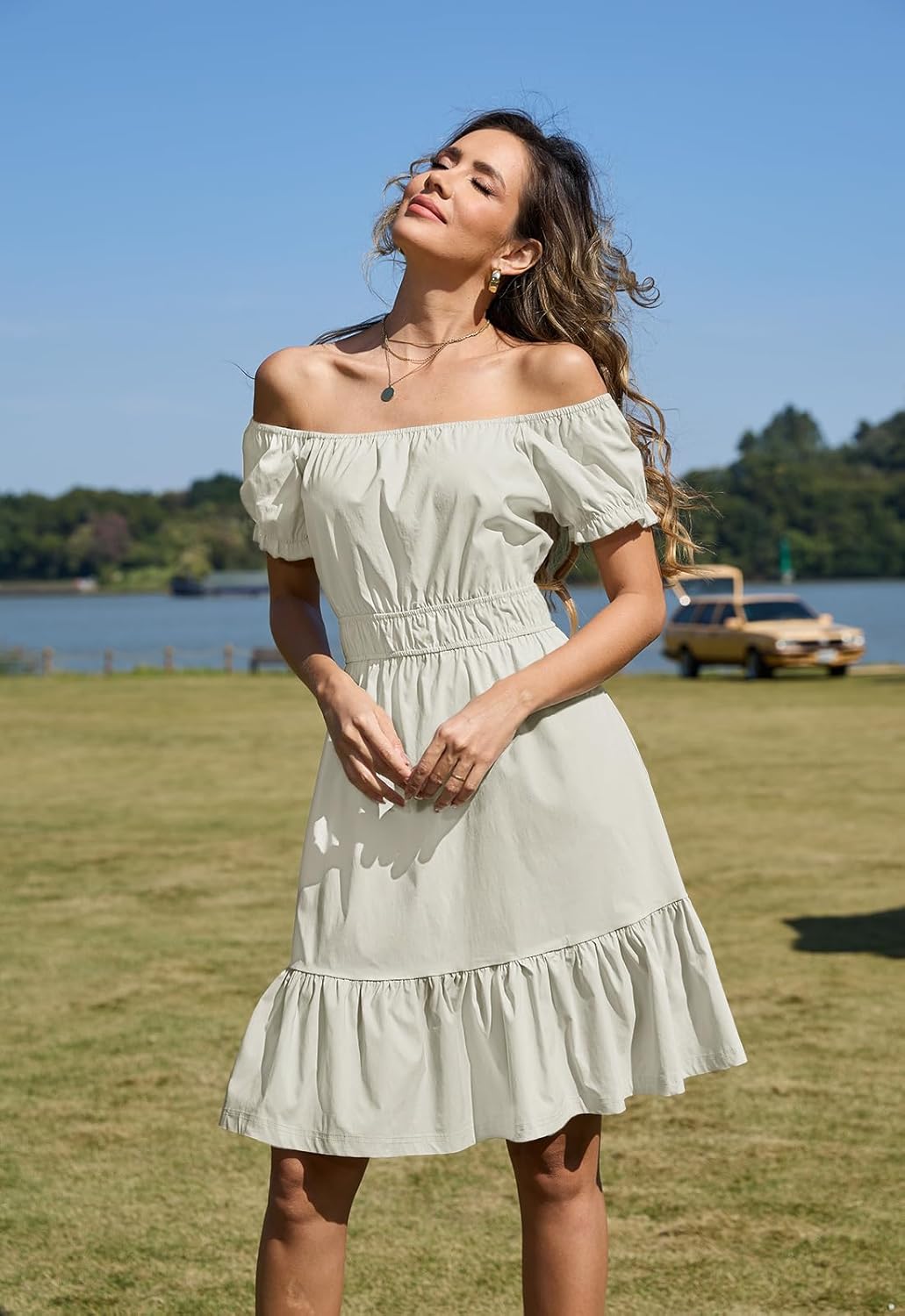 Alaster Queen Womens Summer Dresses 2025 with Pockets Casual Puff Sleeve Square Neck A Line Off The Shoulder Dress - Image 5