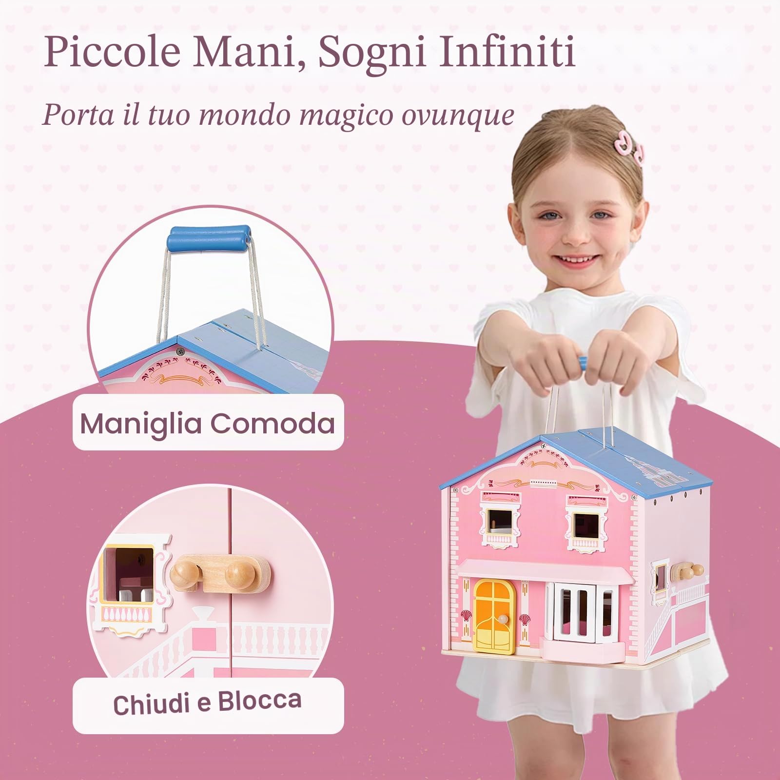 Giant bean - Squisita casa delle bambole in legno rosa per ragazze, con bambole e accessori per mobili, pieghevole e portatile, ideale per bambini dai 3 anni