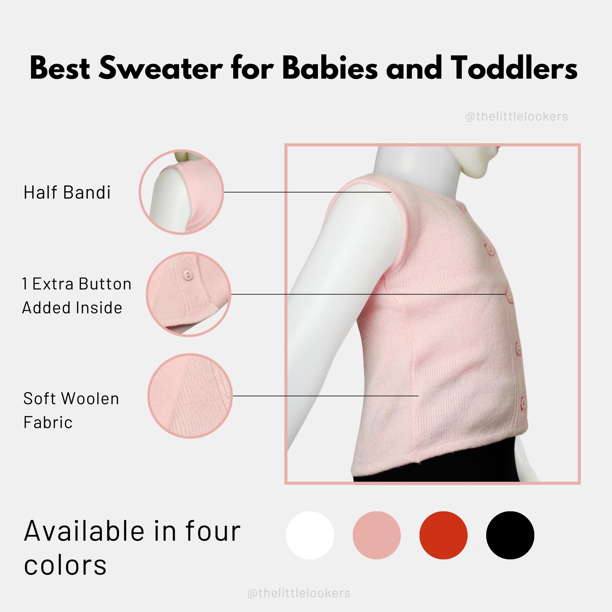 THE LITTLE LOOKERS Front Open Half Sleeves Sweaters/Inner/Bandi/Wollen Vest for New Born Babies/Infants(0-3 Months) (Pink & White) - Image 3 thumbnail