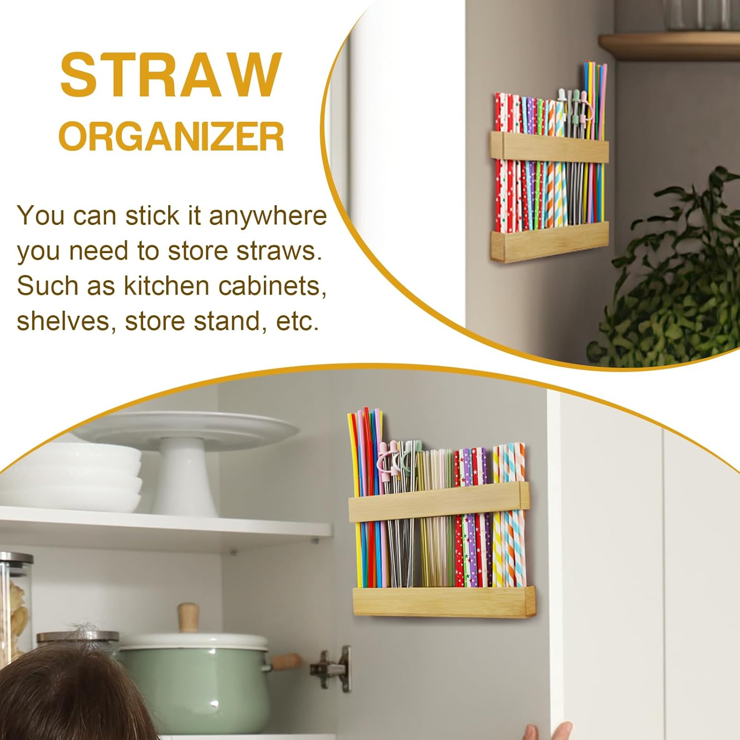 Bamboo Drinking Straw Dispensers, Straw Holder for Cabinet Door, Adjustable Two-Part Straws Organizer Storage,Ultra Sticky Reusable for Kitchen Door - Image 3