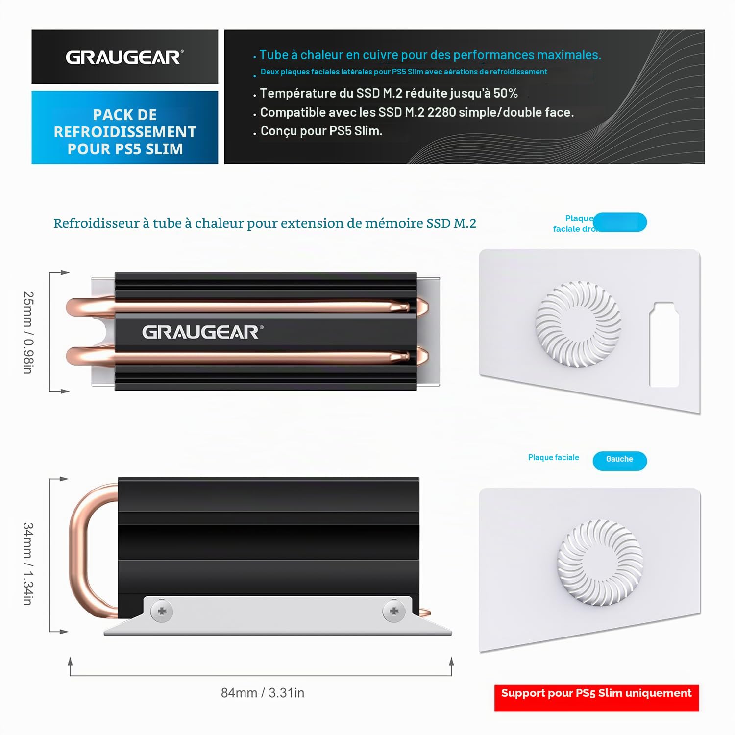 GRAUGEAR Pack de refroidissement M.2 SSD pour PS5 Slim, coque fine de ventilation PS5 et dissipateur thermique Open Air PS5 SSD, refroidisseur de caloduc pour PS5 M.2 SSD, caloduc en cuivre pur,