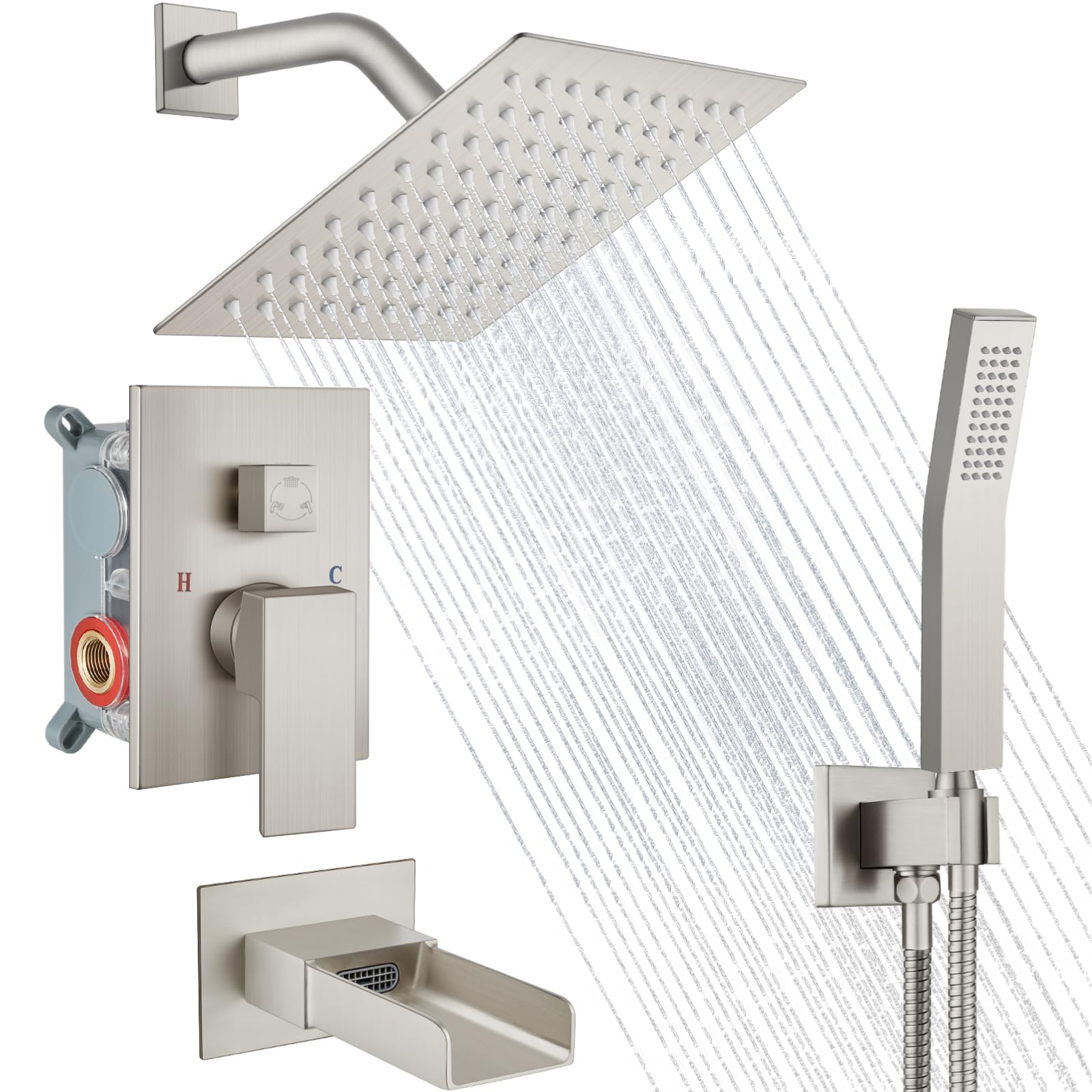 Hcfyauis Brushed Nickel Rain Shower System Tub Shower Faucet Set Square Rainfall Waterfall Shower Head With Handheld Sprayer Tub Spout Combo Wall Mounted Bathtub Faucet Set Rough-In Valve, 8 Inch