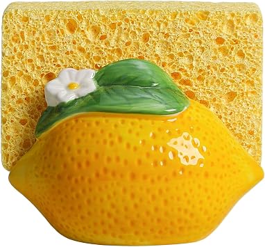 SOCOSY Ceramic Lemon with White Flower Shape Sponge Holder for Kitchen Sink, Compact Sink Caddy Organizer, Scouring Pad and Dish Sponge Holder