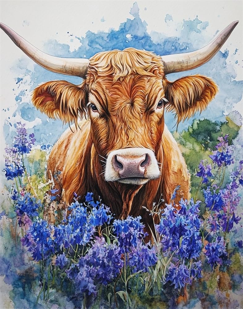 Henypt Art Pre Printed Cross Stitch Kits for Adults Beginners,Highland Cattle and Blue Bellflowers 11Ct Stamped Embroidery Kit Wall Art Home Decor Embroidery Crafts for Adults Beginners Gift