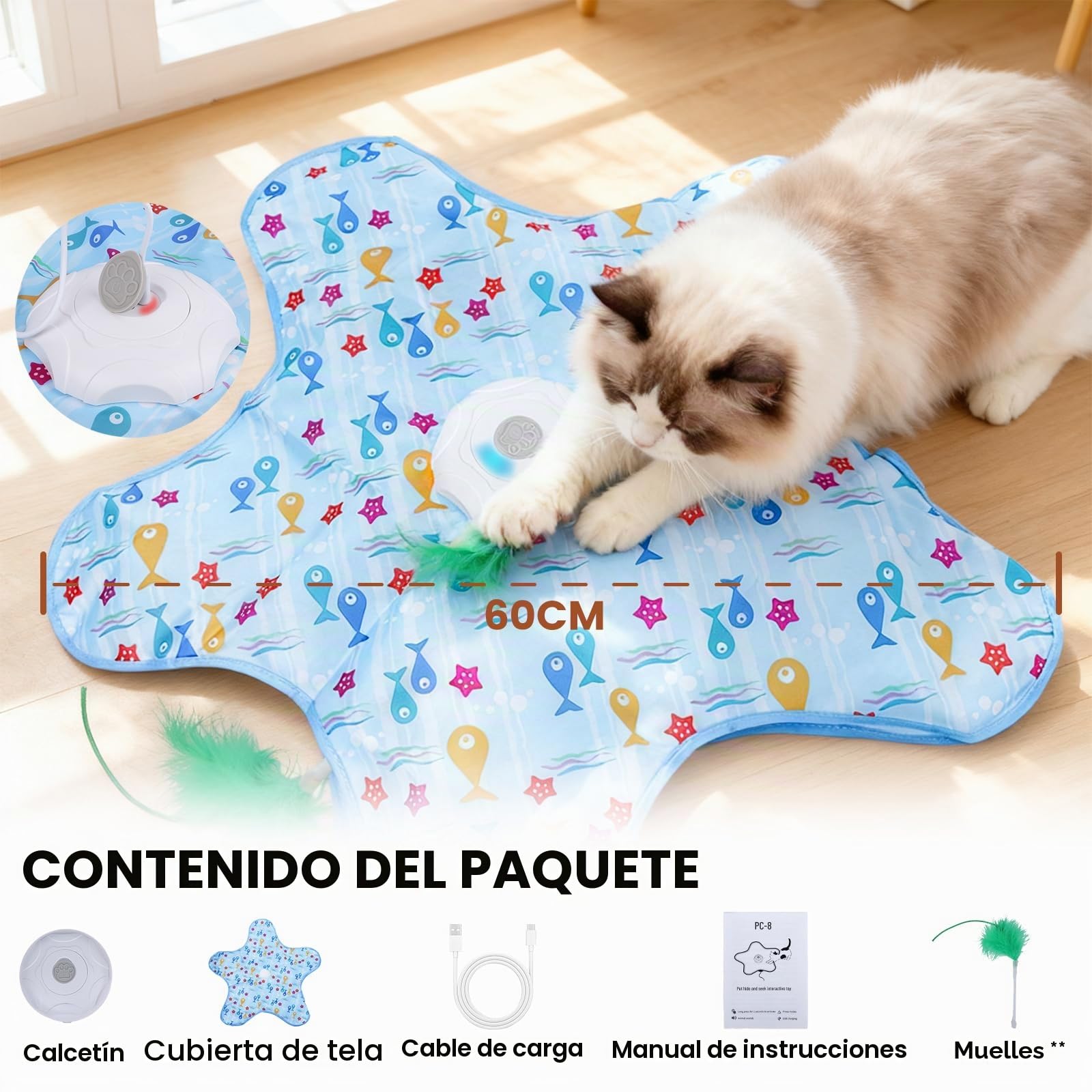 FIVAVA Juguete de Gato Interactivo,Juguete para Gato Recargable y silencioso,Juegos para Gato de Caza con 3 Plumas reemplazables