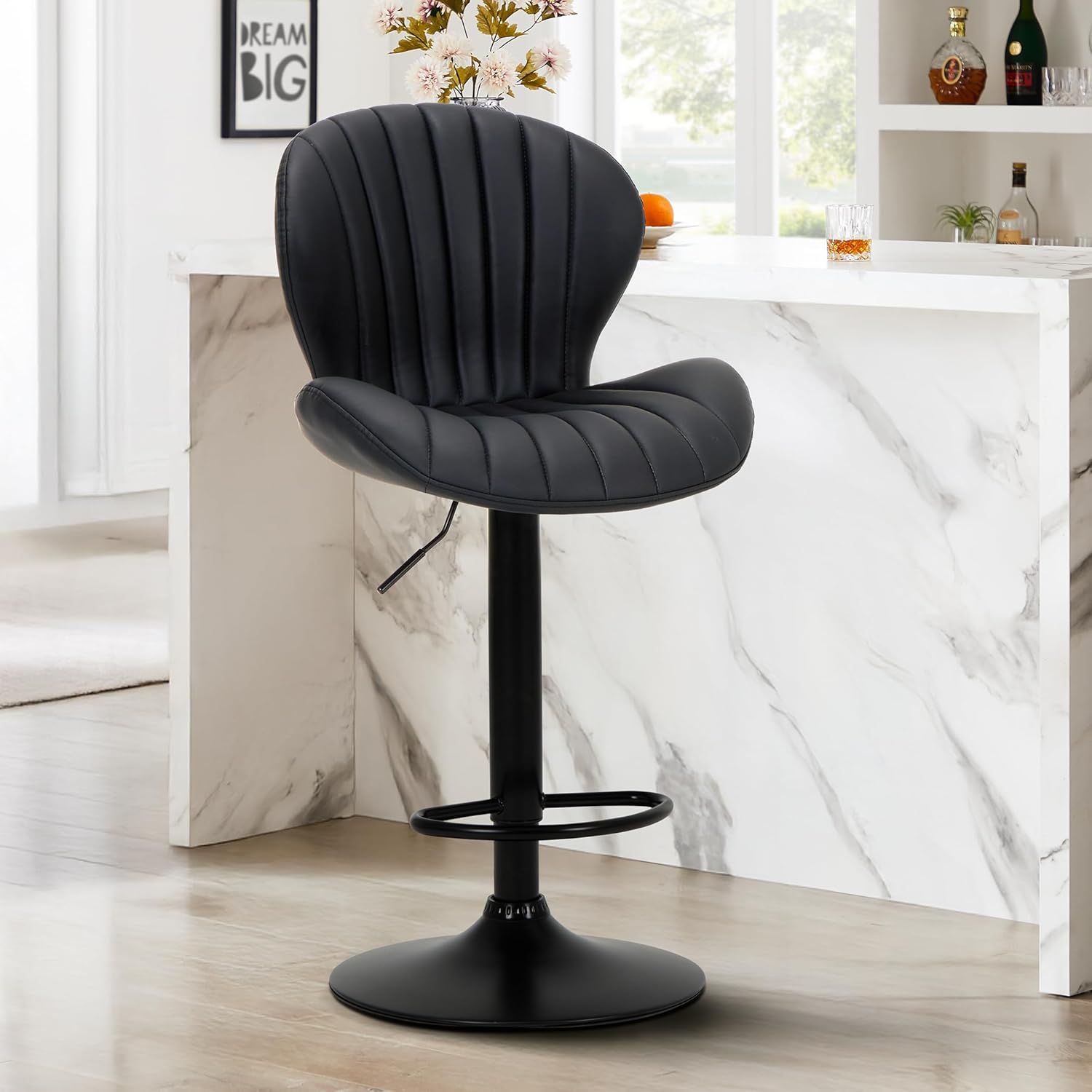 Bar Stools, Adjustable Faux Leather Counter Height Barstools with Footrest, Swivel Bar Chairs 24-32inch for Bar, Kitchen Island, Dining Room,Black