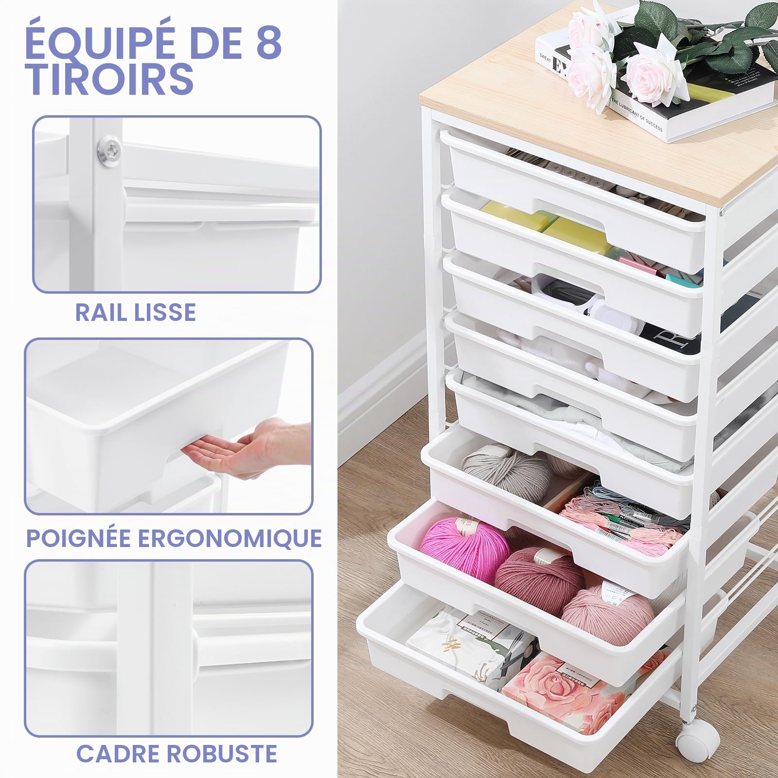 SYKIARIOL Chariot de rangement utilitaire à 8 tiroirs, chariot de rangement utilitaire sur roues verrouillables avec tiroirs en plastique, unité de rangement mobile multifonction pour salon, chambre