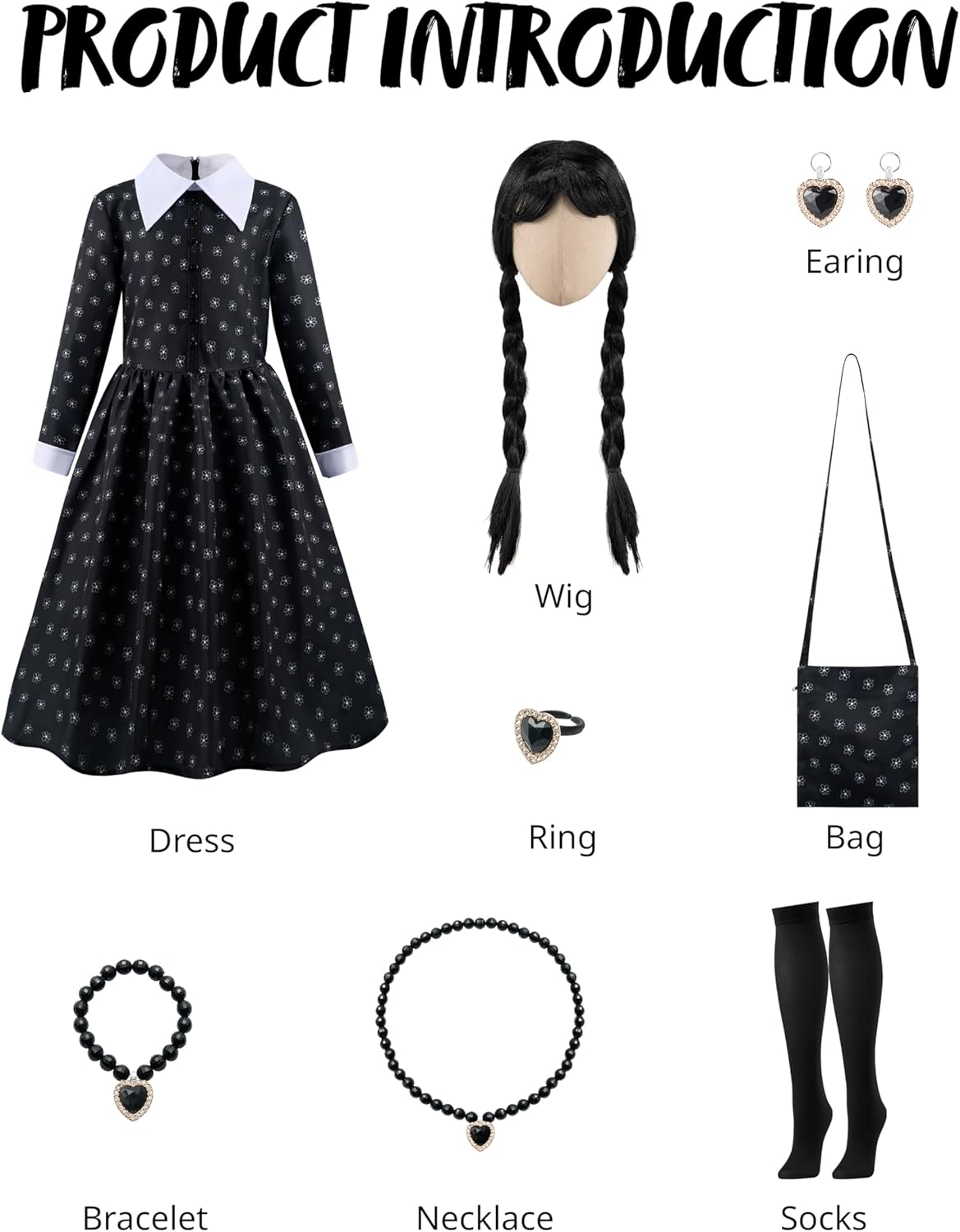 Spooktacular Creations Girls Halloween Black Costume, Black Floral Print Dress with Wig and Stocks for Kids Halloween Dress - Image 6