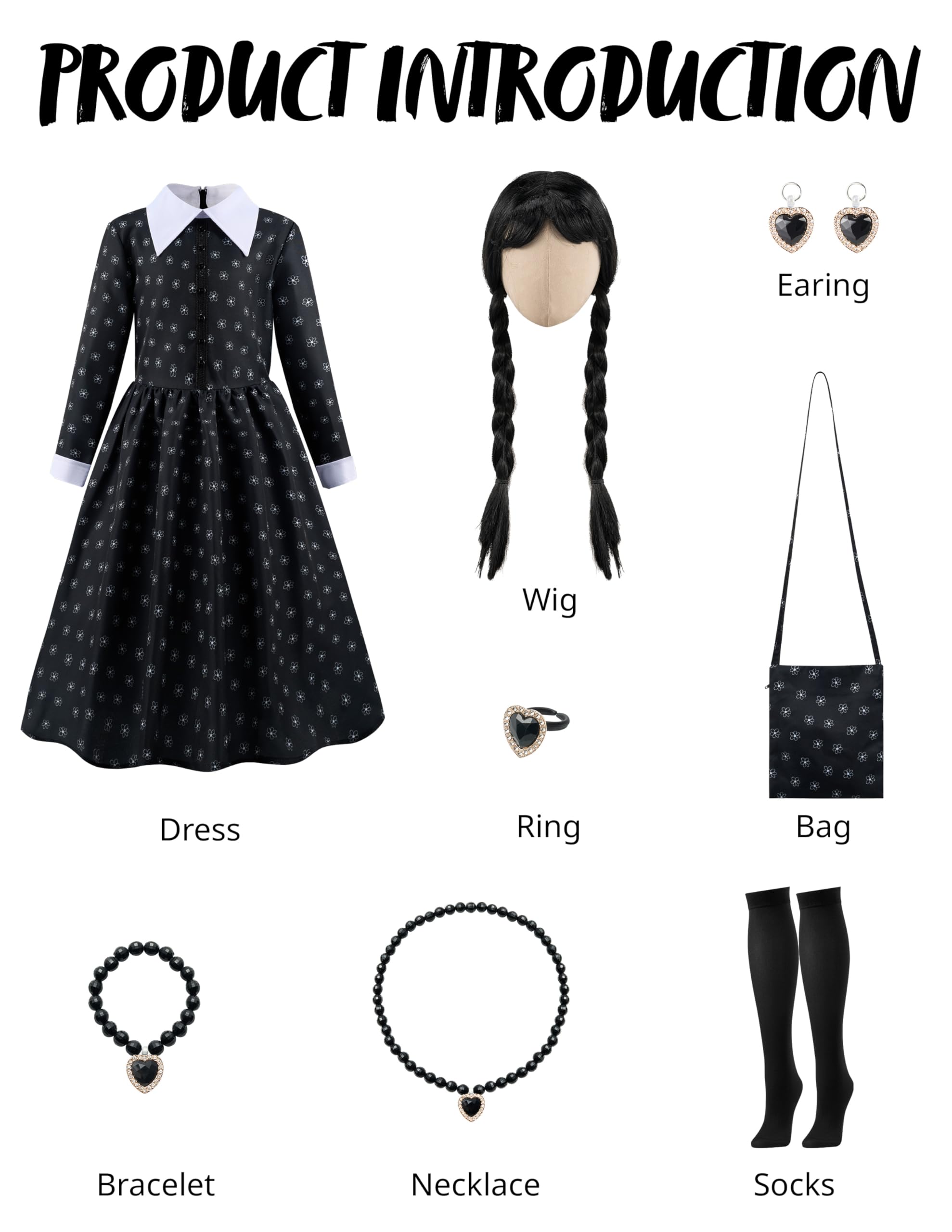 Disfraz negro de Halloween para niñas, vestido con estampado floral negro con peluca y acciones para niñas, disfraz de Halloween y juegos de rol (M, 8-10 años)) 6