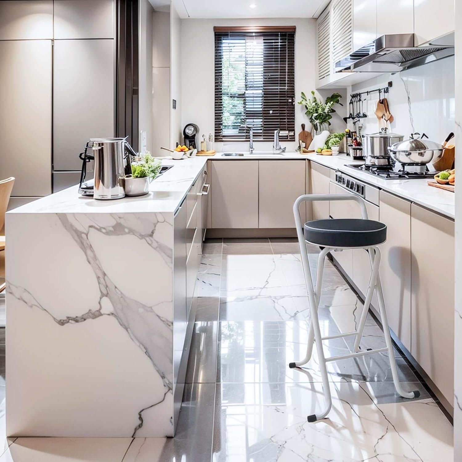 Folding Stools for Adults Portable 25.6/29.5 Inch Compact Chair with Low Back Padded Silla Plegable para Adultos Portatil Small Stool Kitchen Living Room (Black (Checked Pattern 2