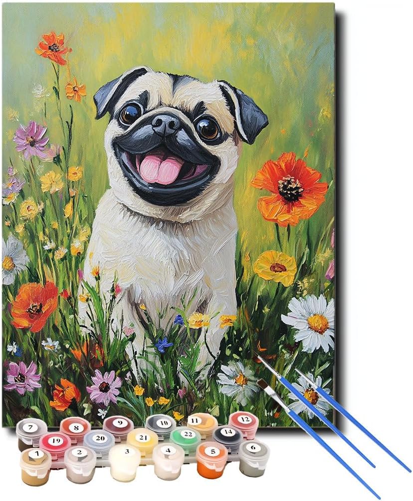XCJFGO Paint by Numbers for Adults Pug Dog, Paint by Numbers kit on Canvas for Beginners, Garden Meadows Oil Painting Set Craft Supplies, 16" W x 20" L