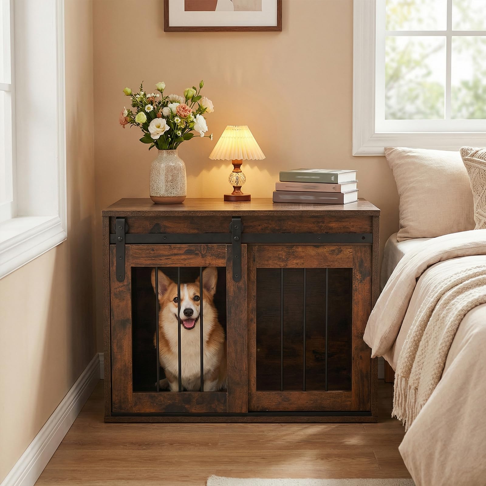 COSTWAY Jaula para Perros, Mueble para Perros con Puerta Corrediza, Mesa Lateral Decorativa, Estructura Metálica, Mueble Jaula de Madera para Mascotas Pequeñas y Medianas, 80 x 54 x 57 cm (Marrón)