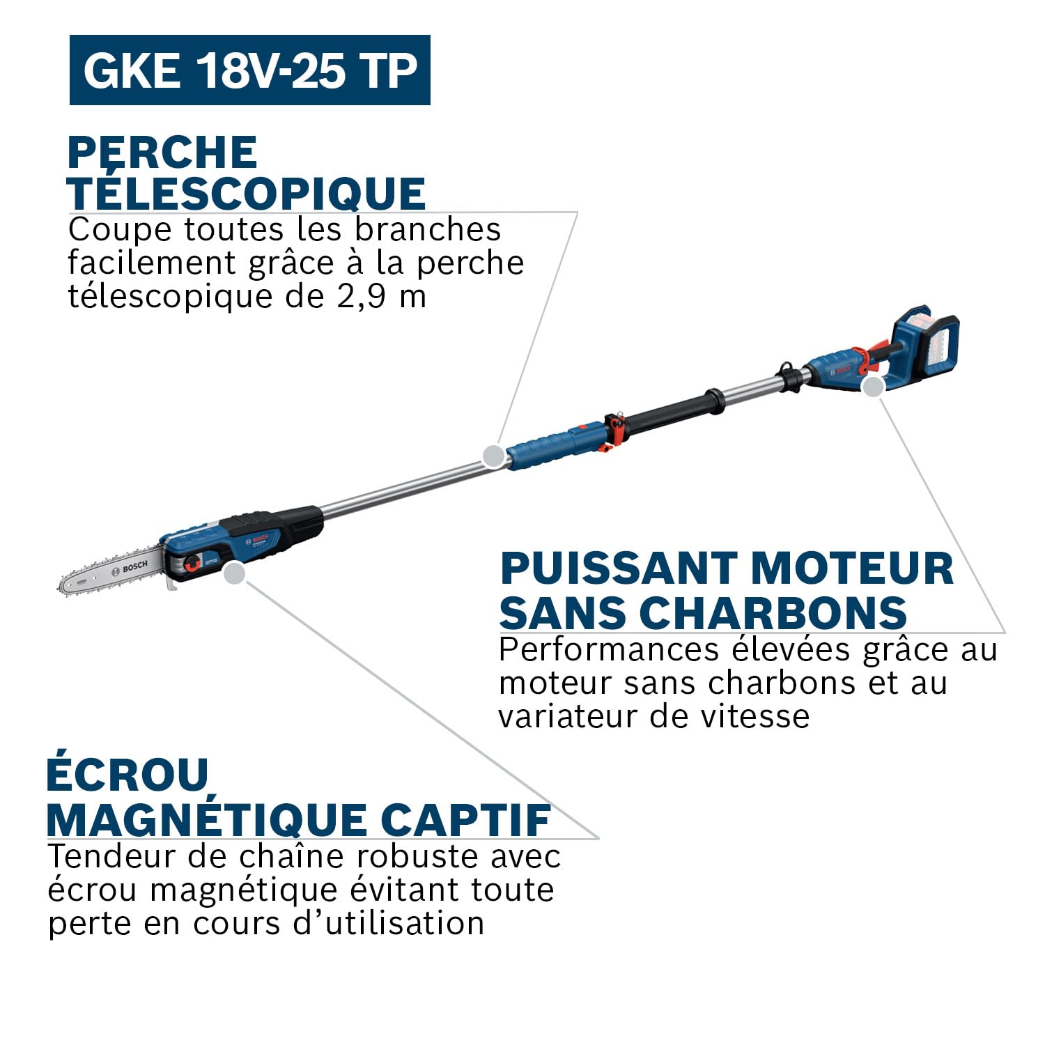 Bosch Professional 18V System Élagueuse télescopique GKE 18V-25 TP (jusqu'à 130 coupes par charge, tige télescopique 2,9 m, moteur sans balais, fourreau 25 cm, clé en T, sangle, sans batterie)