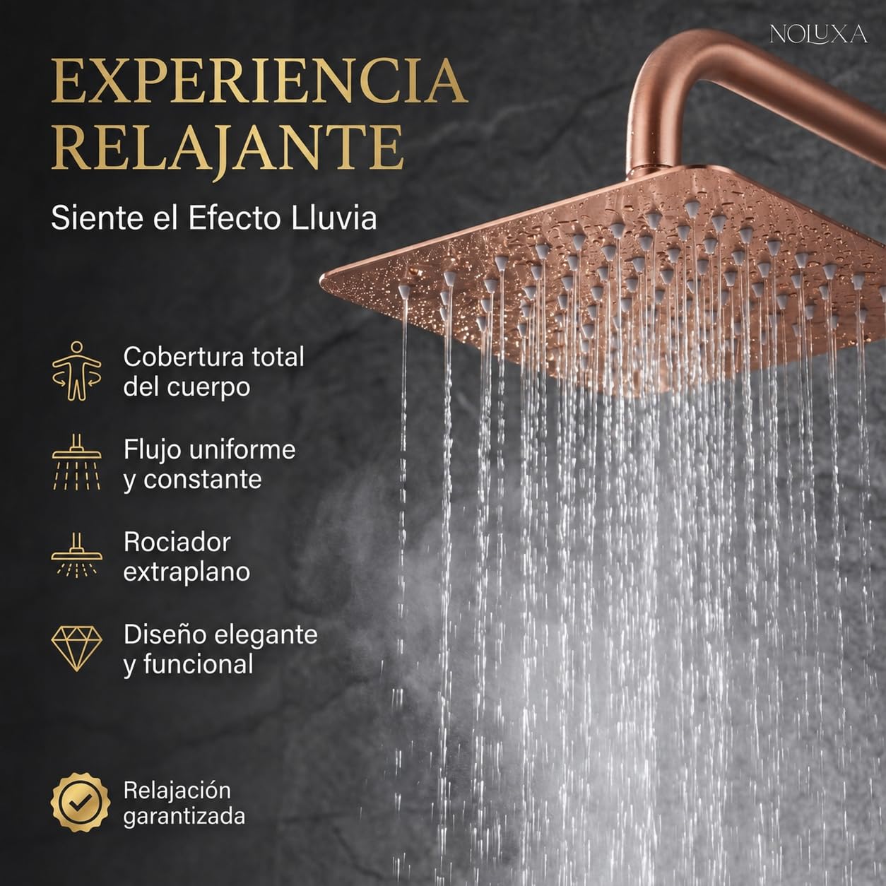 IMEX - Rociador Ducha Efecto Lluvia 25x25cm Oro Rosa Cepillado | Rociador Cuadrado Extraplano y Antical para Columna de Ducha | Fabricado de Acero Inoxidable S.304 | Recambio Original IMEX