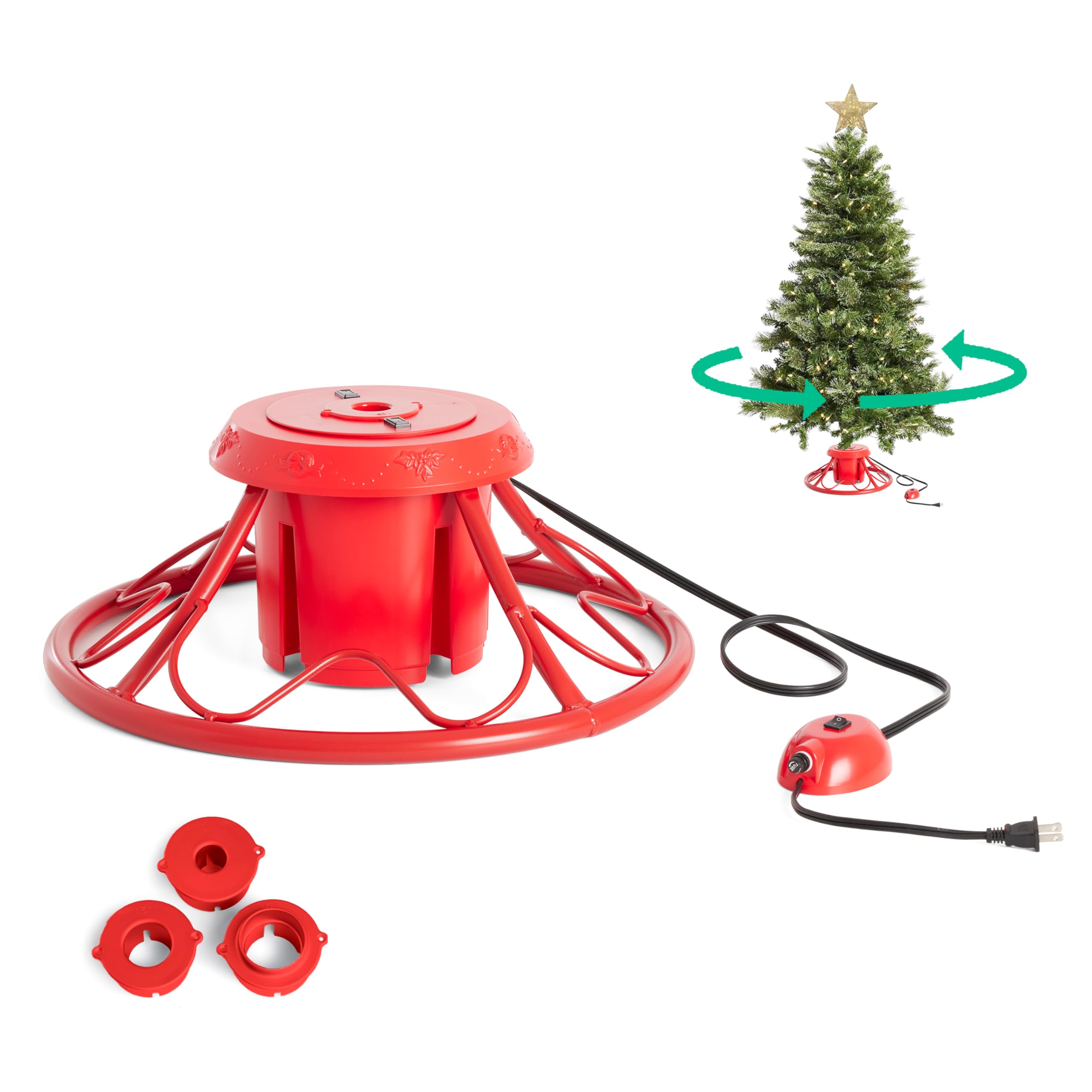 Home Heritage 360° Rotating Christmas Tree Stand – Red Sturdy Metal Base for Trees up to 9ft Tall – Holiday Decor Accessory