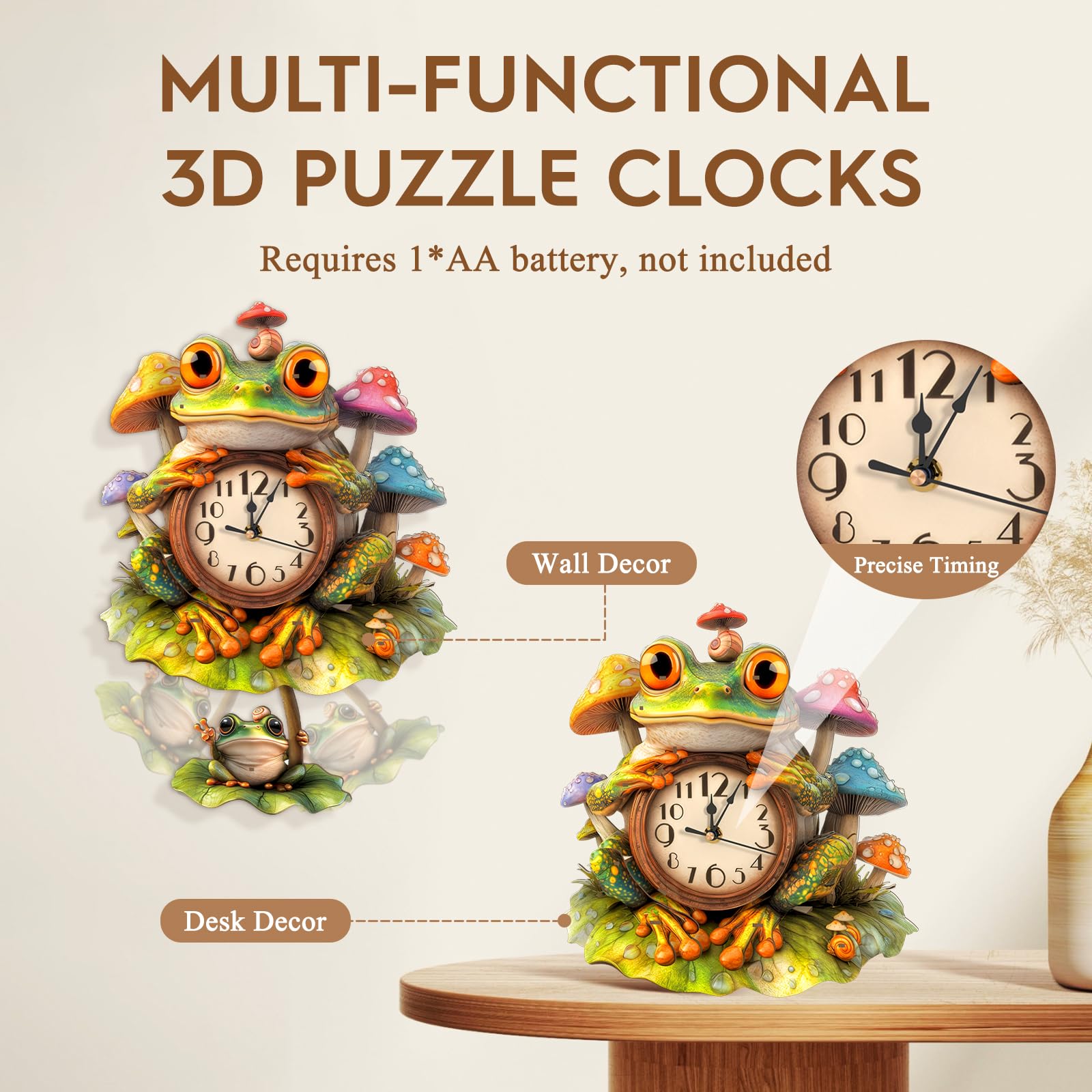 3D-Puzzles für Erwachsene, Frosch-Uhr mit funktionaler Uhr, 3D-Holzpuzzle (29,2 x 40,4 cm), Tier-3D-Puzzle, Schreibtisch/Wandkunst, Heimdekoration, Geschenke für Freunde/Familienspielabend