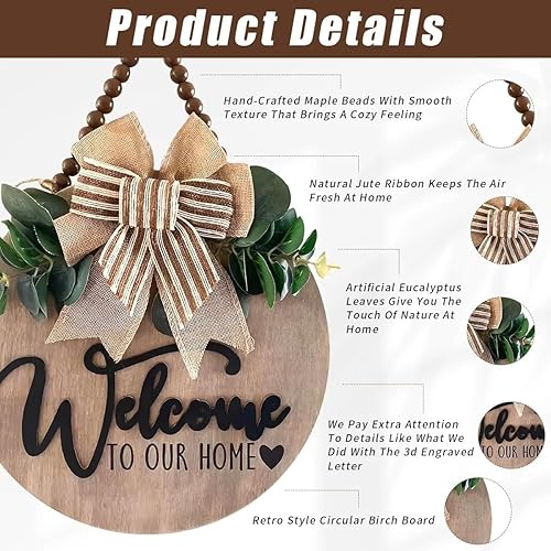 Vista 27 de Letrero de bienvenida 3D intercambiable para puerta delantera, decoración de porche de casa y granja, letrero colgante de madera con hojas Marrón