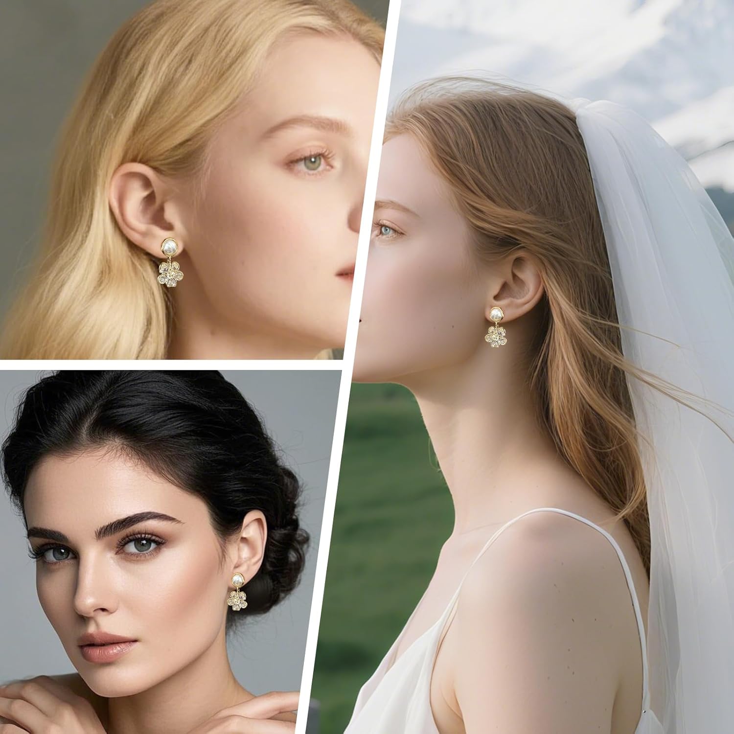 Silver/Gold Pearl Dangle Earrings for Women with Shaped Flower Cubic Zirconia Dangling Crystal Drop Earrings - Image 4