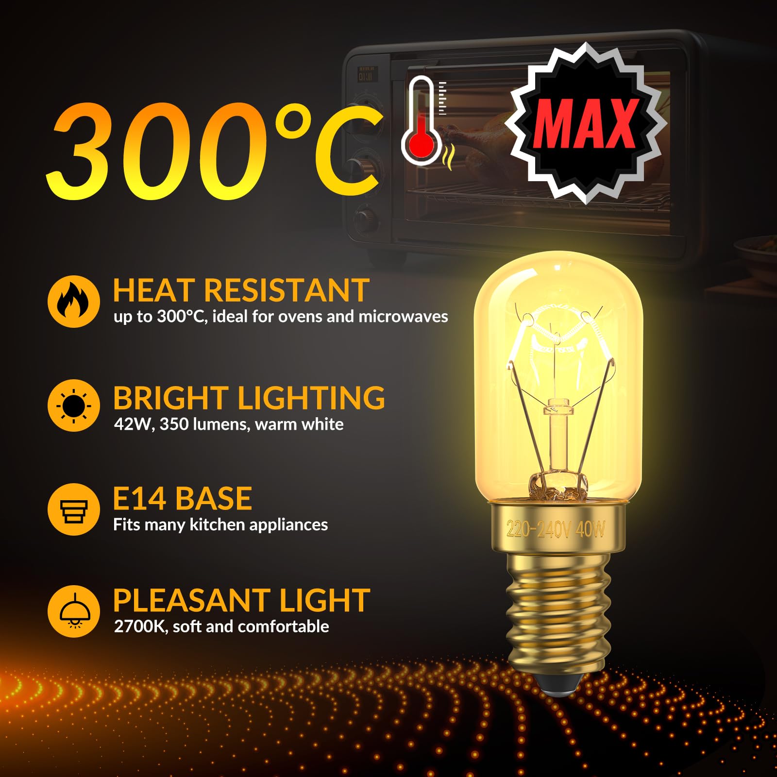 BrightWish Oven Lamp E14-42 W (40 watts), 300 Degree Heat Resistant, Dimmable, Warm White, Pack of 2, Bulb for Oven Salt Lamp - Image 2