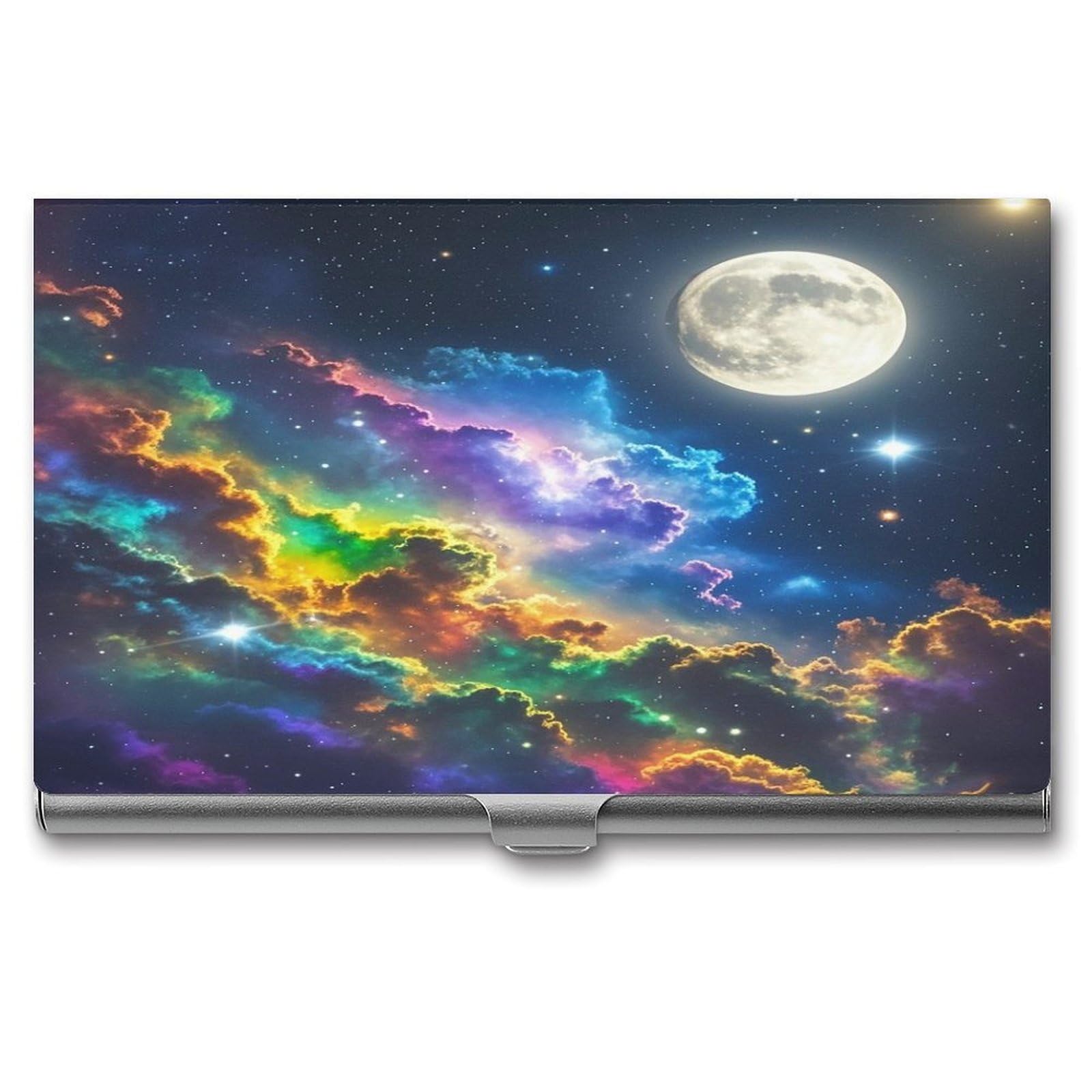 FekiLoot Nebula And Moon Business Card Holder Aluminum Alloy Business Card Case Convenient to Carry Business Card Dispenser for Men Women