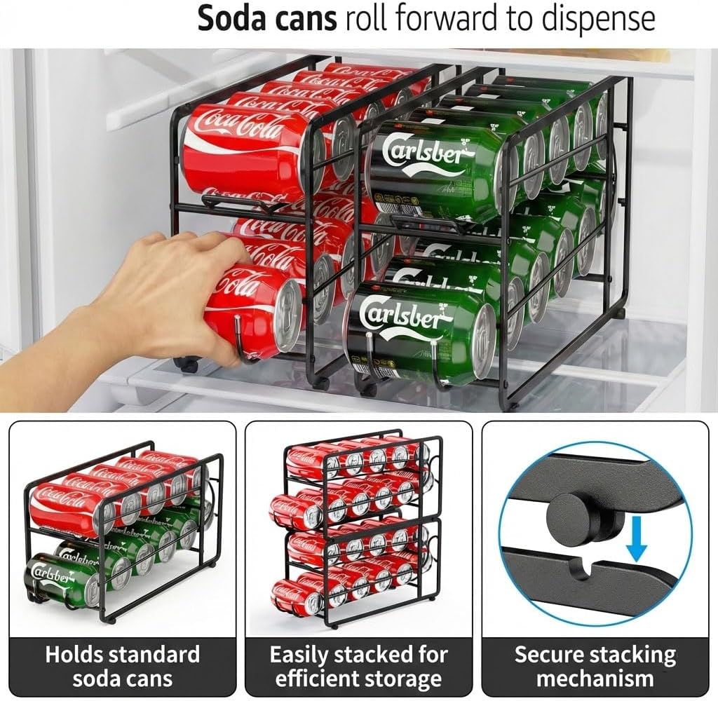Soda Can Organizer Storage Rack, 2 Pack Stackable Beverage Soda Can Dispenser Organizer Holder for Refrigerator, Cabinet, Pantry (Black) - Image 5