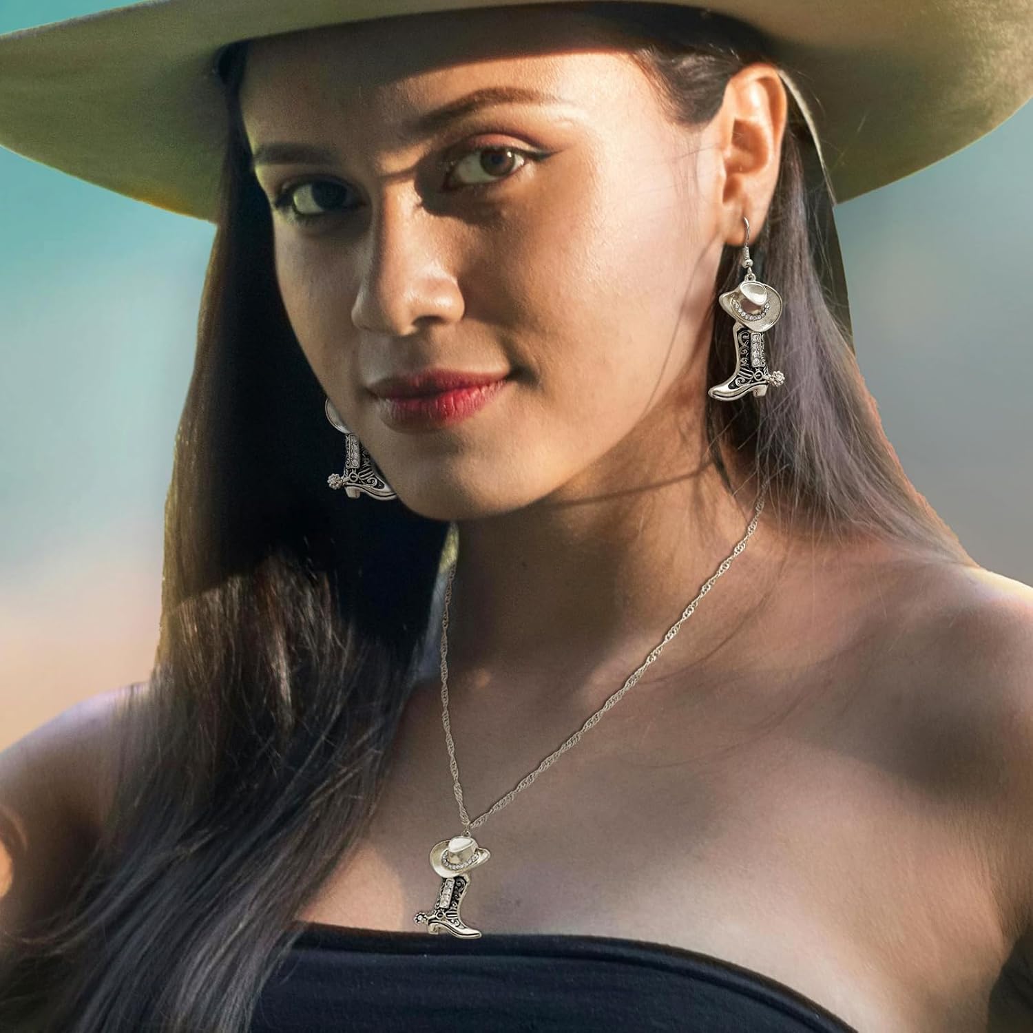 RechicGu Texas Cowboy Boot Necklace Earrings Western Jewelry Set for Women Silver Gold Cowgirl Choker Dangle Earring Set Dainty Country Accessories Rodeo Outfit for Ladies Trendy