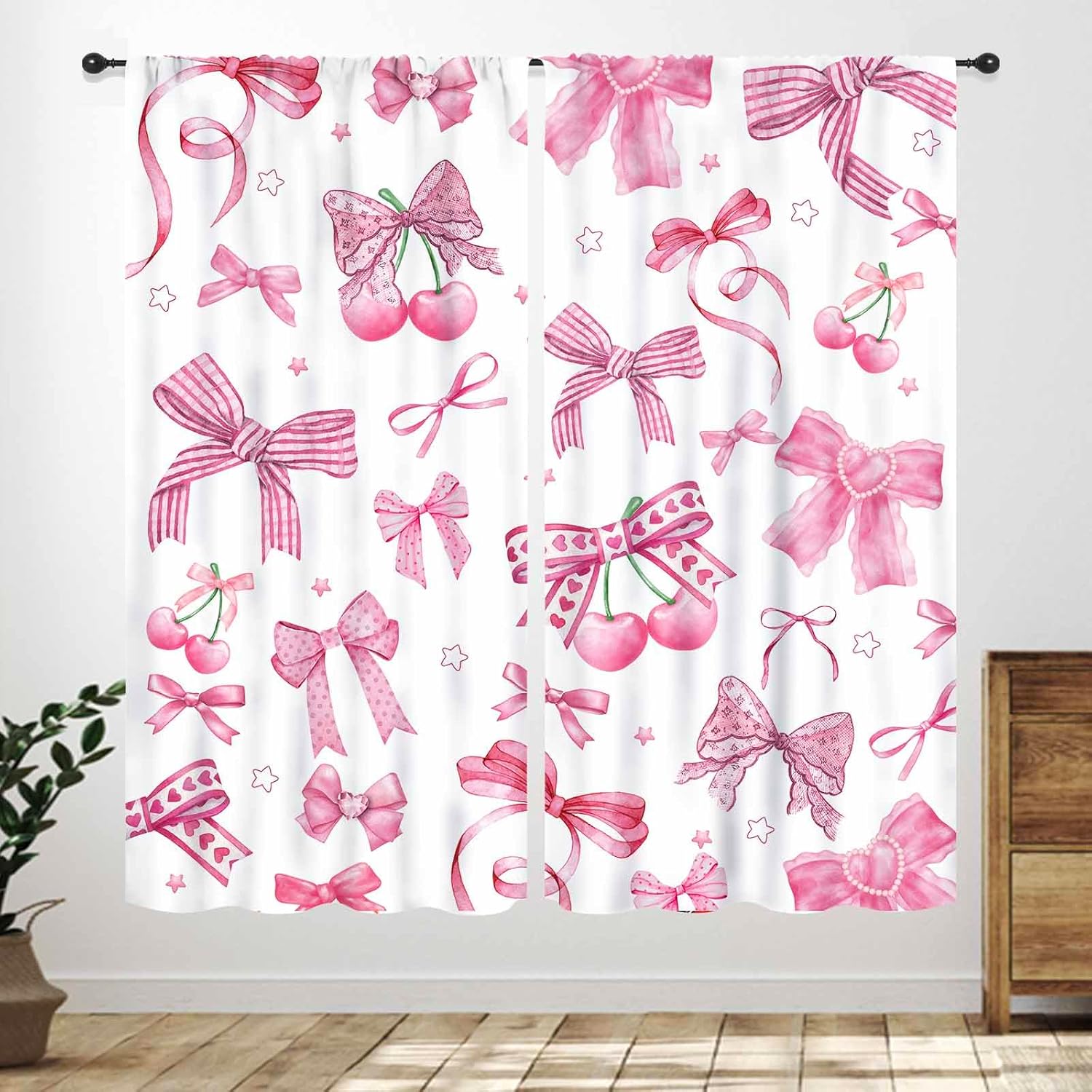 Pink Curtains for Girl Bedroom,Cute Cherry Bow Fruit Candy Cartoon Drpaes for Girls Kids Baby Room Living Room Nursery Window Treatments 2 Panels,52X84 Inch