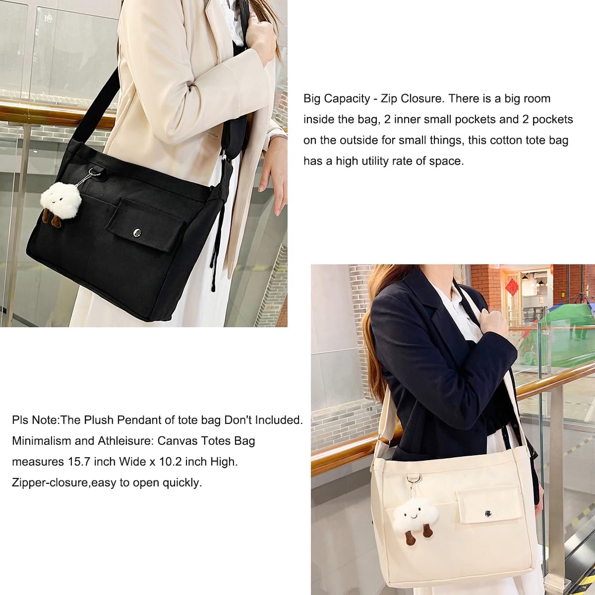 Economical Cotton Canvas Tote Bag,Women Hobo Shoulder Bag Crossbody Handbag with 3 External Pocket,Zipper Closure - Image 4