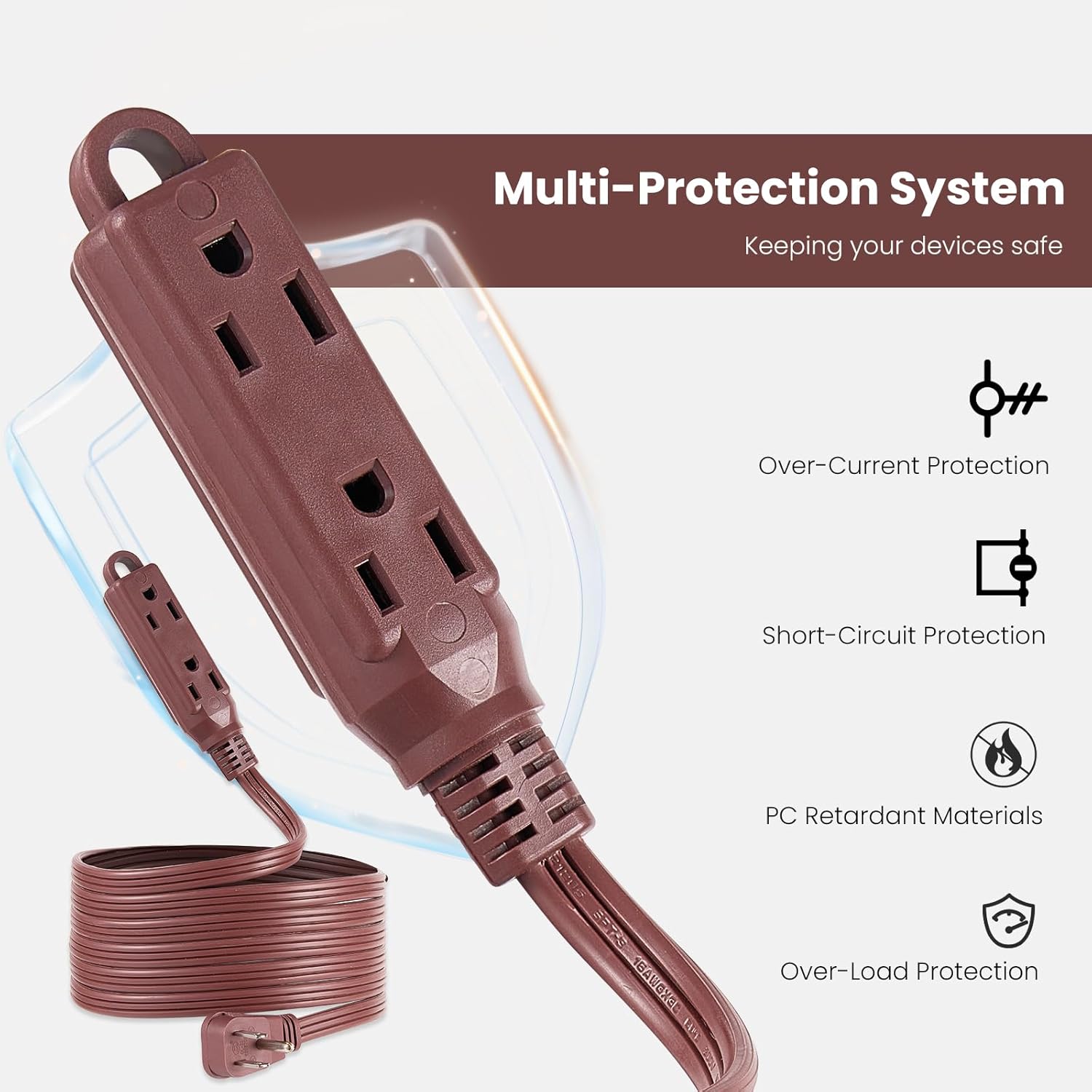3-Outlets Flat Plug Extension Cord Outlet Extender, UL Certified, Indoor Extension Cord 16 Gauge 12FT Brown 3 Prong, 16/3 SPT-3 13A Power Strip