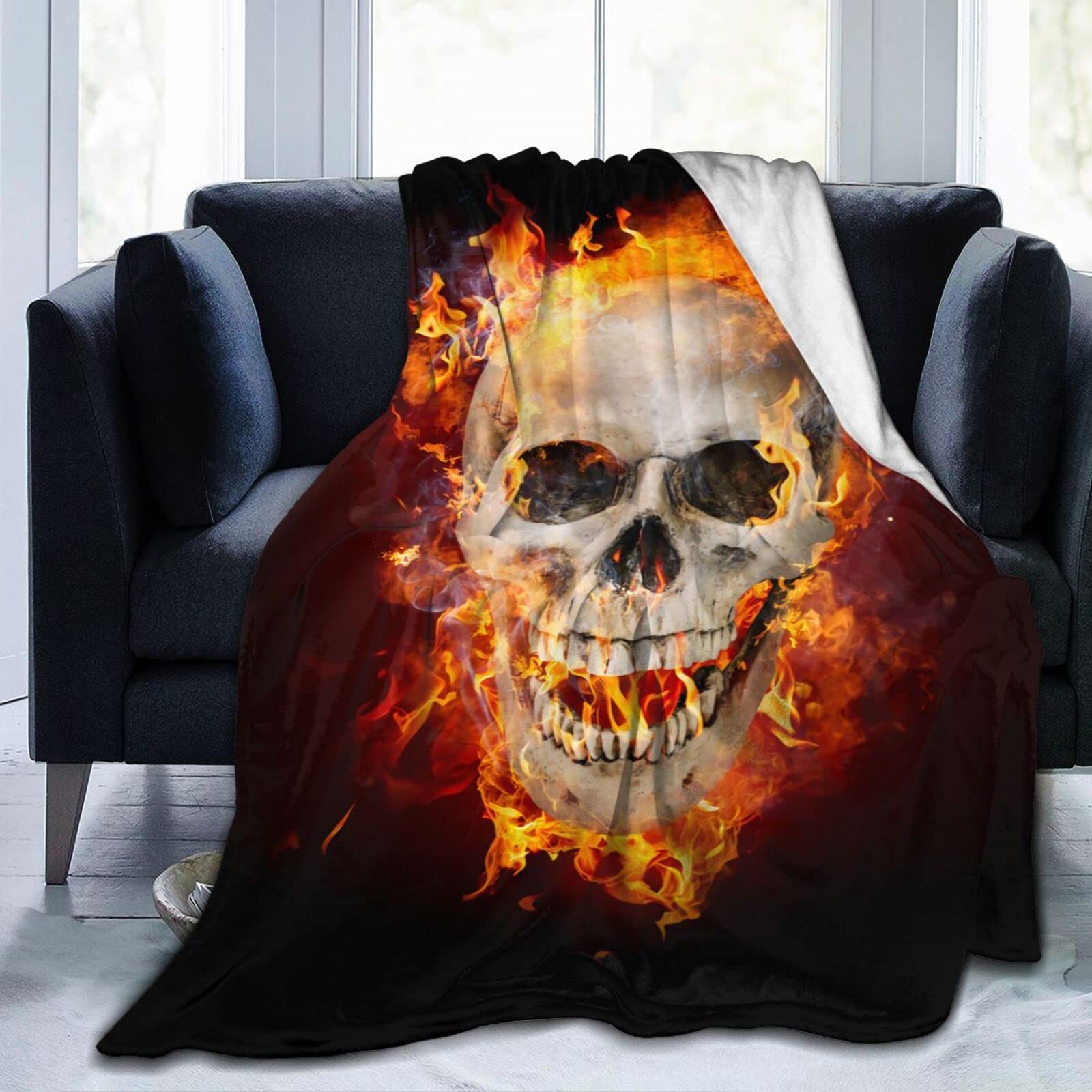 Lsjuee Satanic Skull in Flames Throw Blanket Scary Halloween Design Blankets Lightweight Soft Cozy Flannel Blanket for Sofa Couch Bed Office 80"X60"