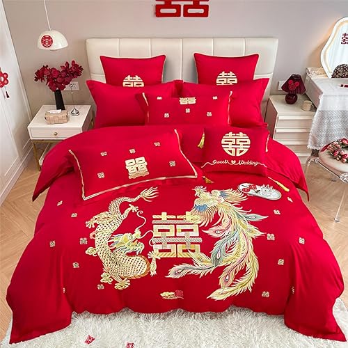 Miniatura 8 de Luxury Double Happiness Dragon and Phoenix Bird Embroidery Chinese Wedding Red Bedding Set King Queen Size 100% Cotton Embroider Red Wedding Duvet