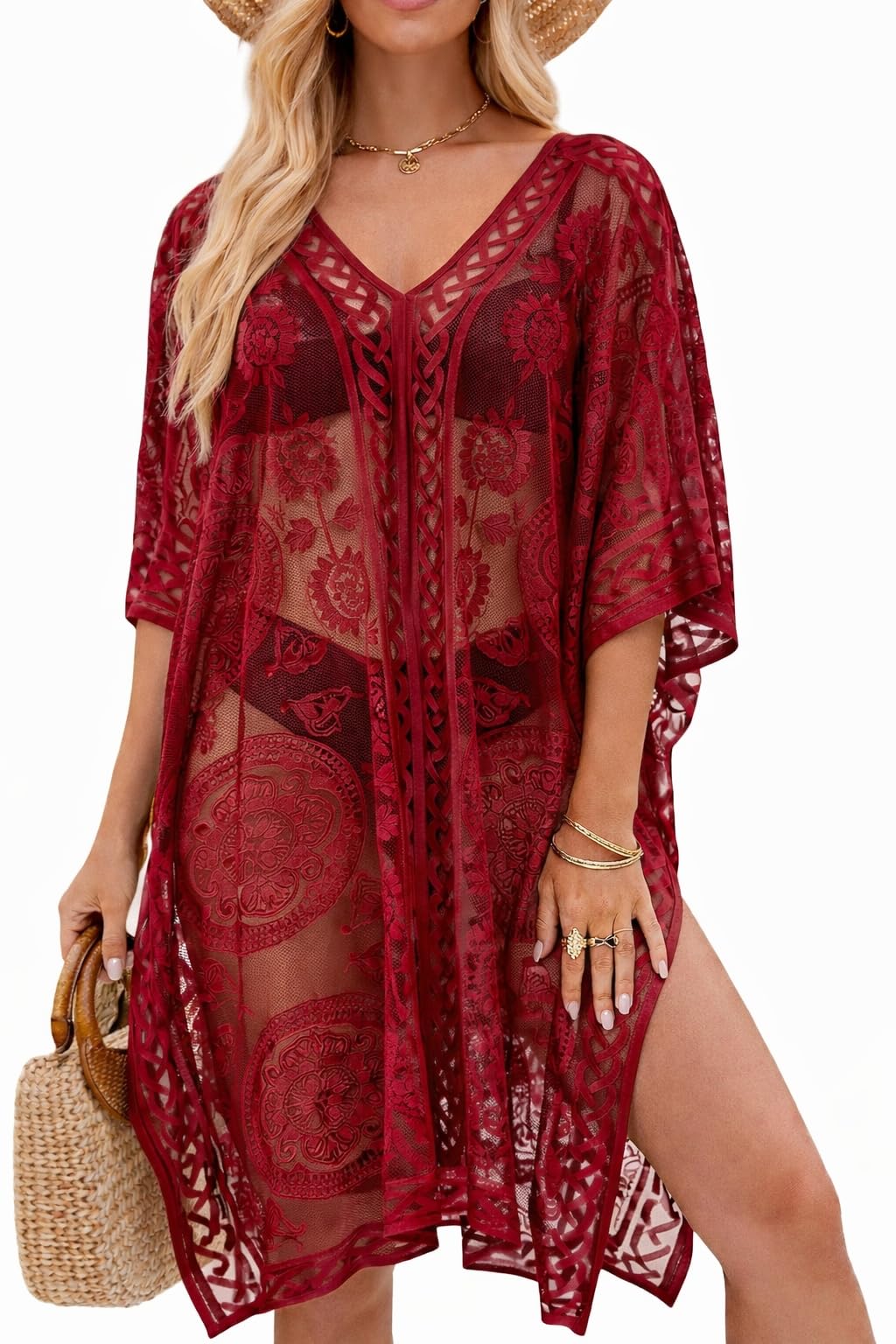 colornival Sexy Eleganter Spitzen-Kimono Strandponcho für Damen, Badeanzug Überwurf, Badebekleidung Cover-up für Urlaub, Pool, Strand und Party