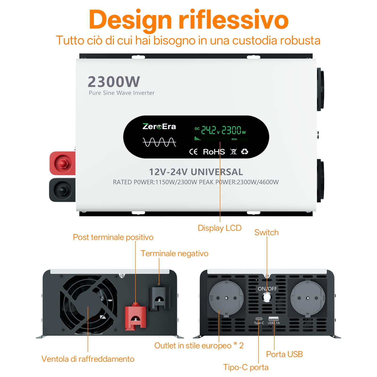 Inverter 12V/24V a 220V 230V,Convertitore Doppia Tensione,Potenza Nominale 1150W/2300W,Potenza Picco 2300W/4600W,Seno Puro,LCD,Rilevamento Intelligente,Presa 2EU, 1 Tipo C,Porta USB 2.1A,Telecomando