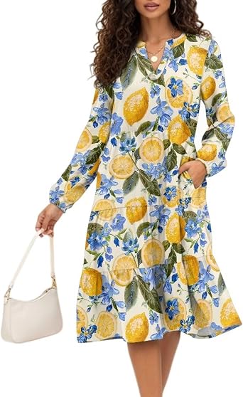 Women Fall Casual Long Sleeve V Neck Sundress A-line Flowy Tiered Maxi Party Dress Vacation Outfits