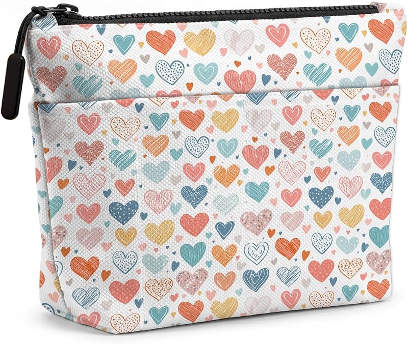 Necessaire de maquiagem jealance com estampa de coração aquarela, bolsos externos e zíper
