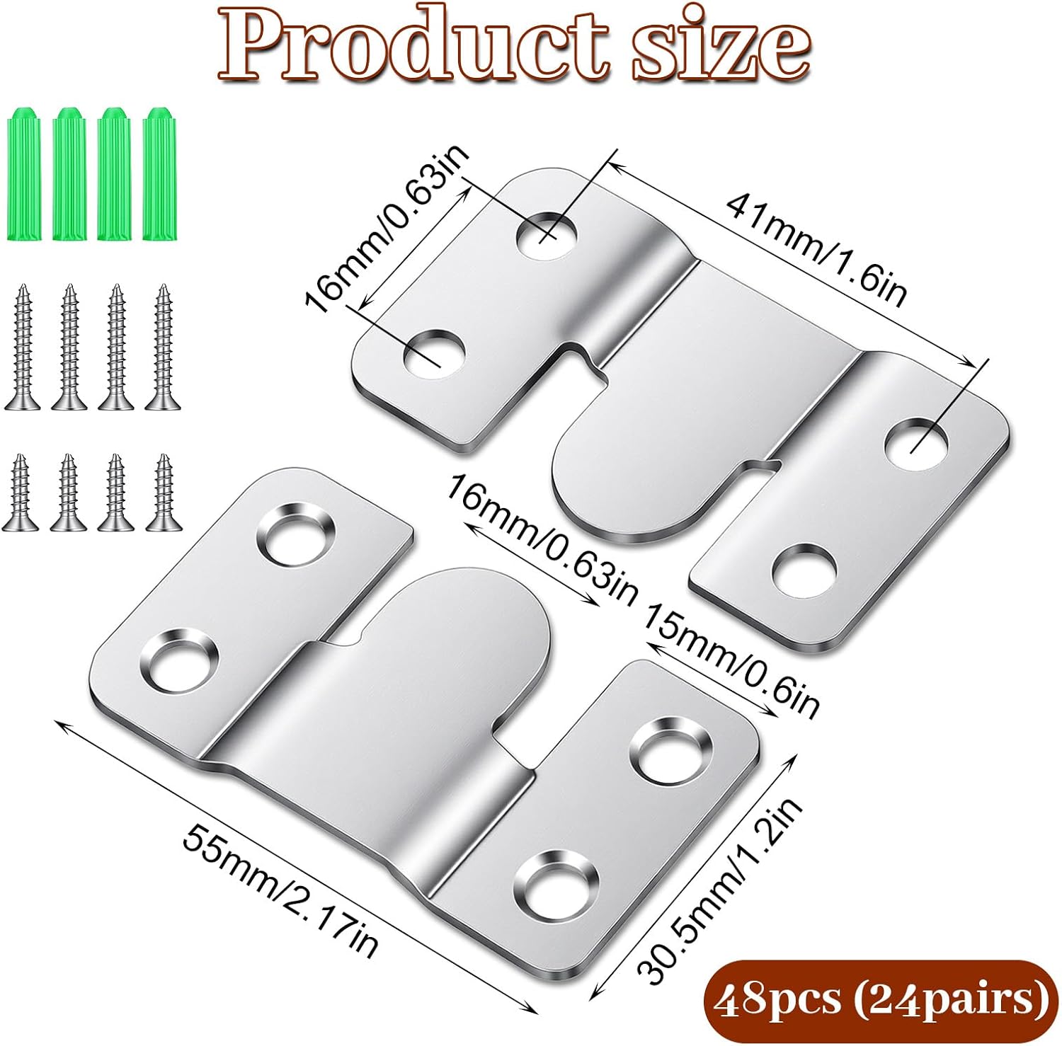 48 Pcs Flush Mount Bracket Kit, 24 Pairs Heavy Duty Hanging Hardware with Screws & Anchors, Stainless Steel Z-Clip for 100lb Picture Frames, Furniture, Art Gallery Wall Mount