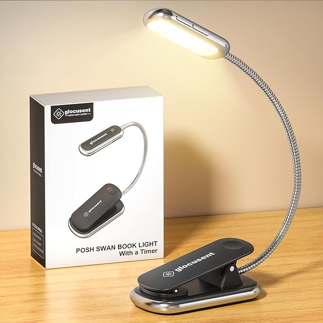 Glocusent Posh Premium Reading Light for Books in Bed with Timer, 16-LED Rechargeable Book Light Runs 160hrs, 1800K Eyecaring Clip on Reading Light, 3 Colors & 5 Brightness Levels, Perfect for Readers