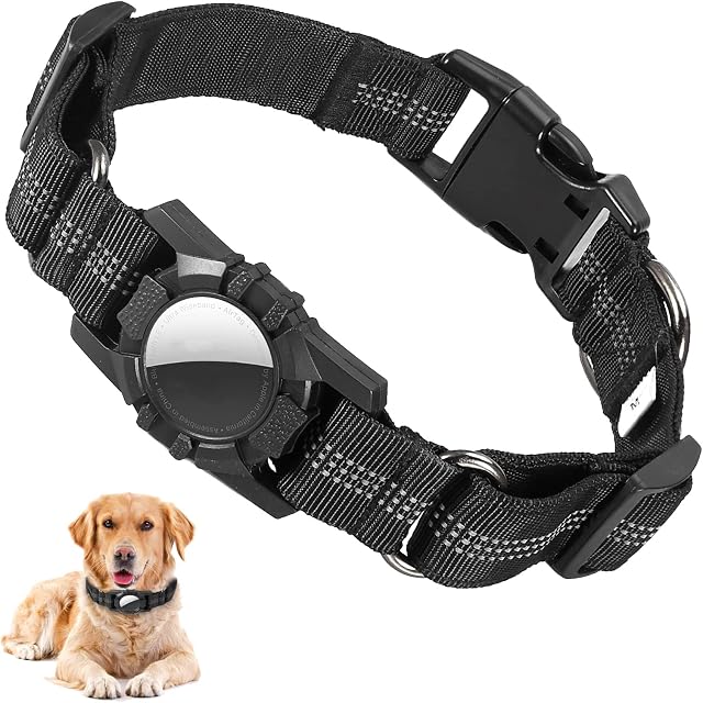 AirTag Dog Collar, ORIA Reflective Heavy Duty Dog Collar with Airtag Holder, Adjustable, Lightweight and Comfortable, Pet Collar with Quick Release Buckle [Size S]