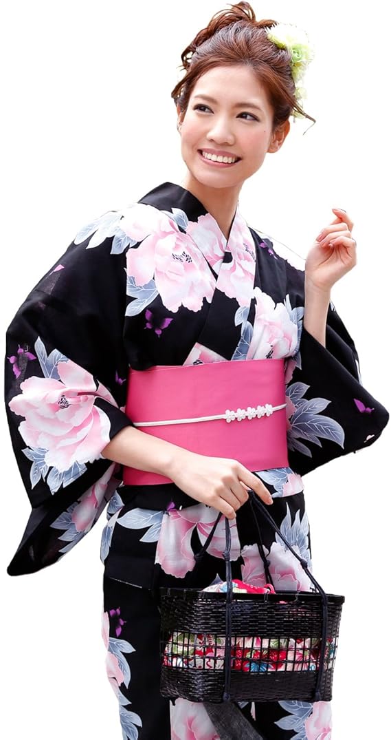 Amazon 浴衣 女 セット 黒地に大柄牡丹と蝶 平帯タイプ なでしこ ときめき恋浴衣3点セット 浴衣 通販