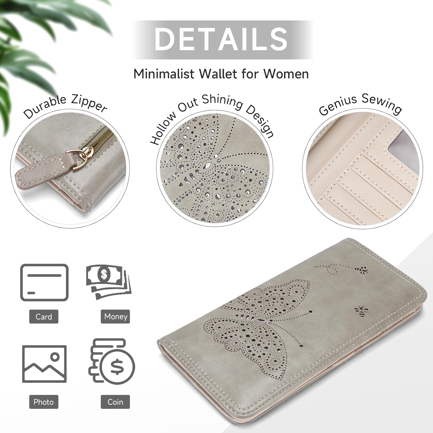 RFID Wallet Women Ultra Slim Thin Womens Wallet Compact Clutch Long Ladies Wallet for Women GRAY - Image 4