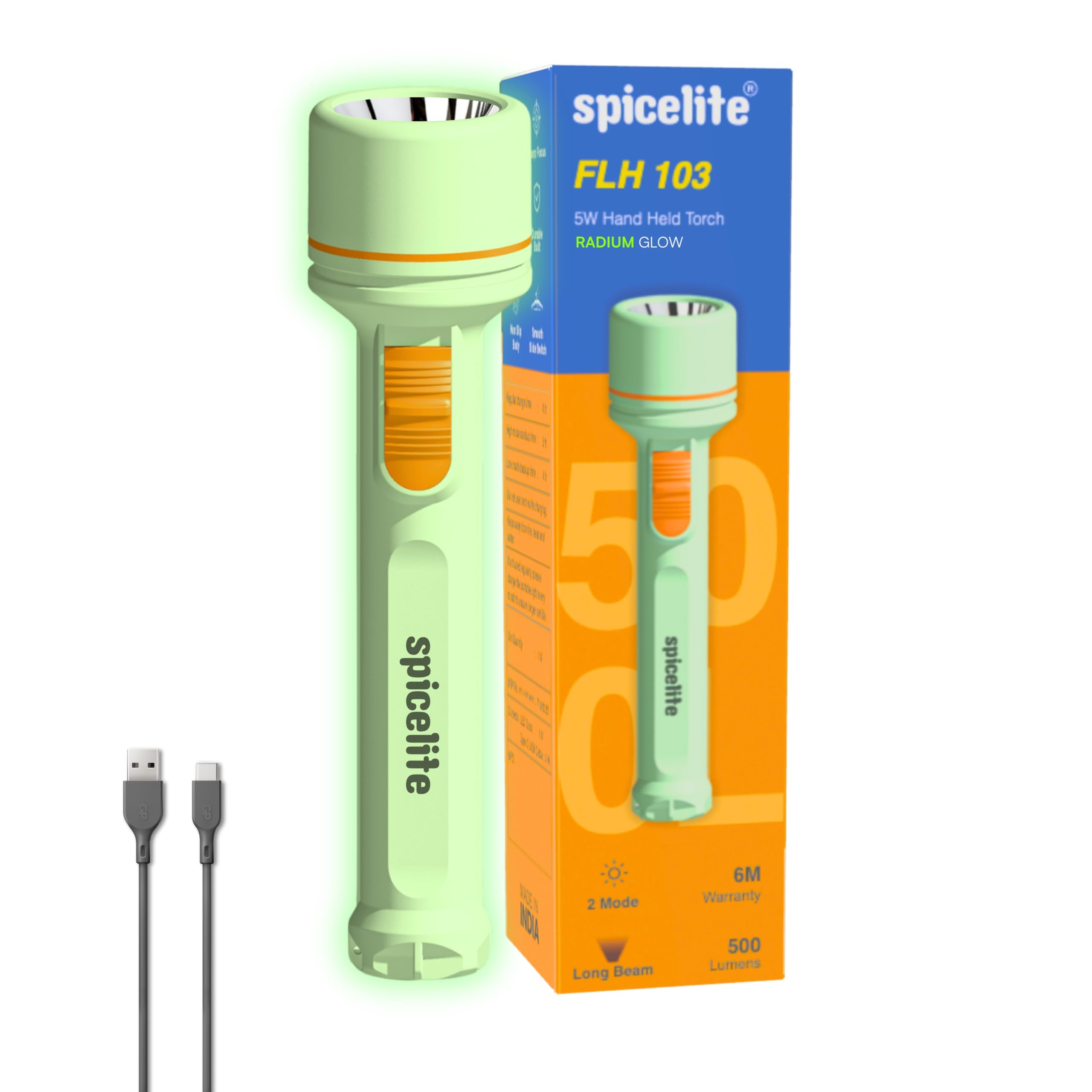 Spicelite FLH 103 LED Torch | 6 Hours Runtime | USB-C Rechargeable | Radium-Glow Body | 5W LED | White