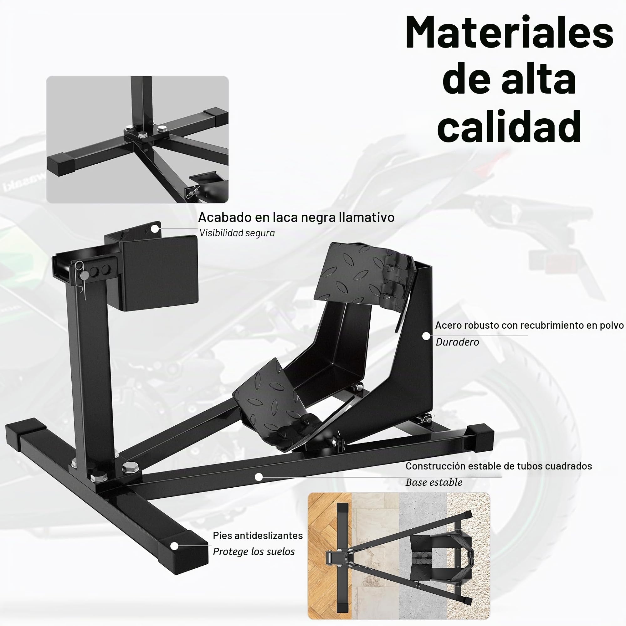 UISEBRT Soporte de acero para rueda delantera de motocicleta – Soporte de montaje para neumáticos de 17"- 21" tamaño y 90-130 mm de ancho - con pies de goma antideslizantes, dimensiones: 620 x 460 x