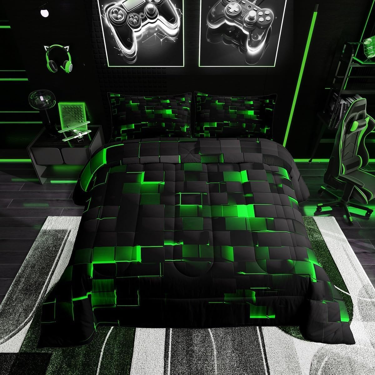 Erosebridal Black Green Comforter Set Full Neon Geometric Checkered Bedding Set for Kids Boys Gaming Room Decor,Teen Men Abstract Stereoscopic Grids Quilt Square Plaid Check Bed Set 3 Pcs