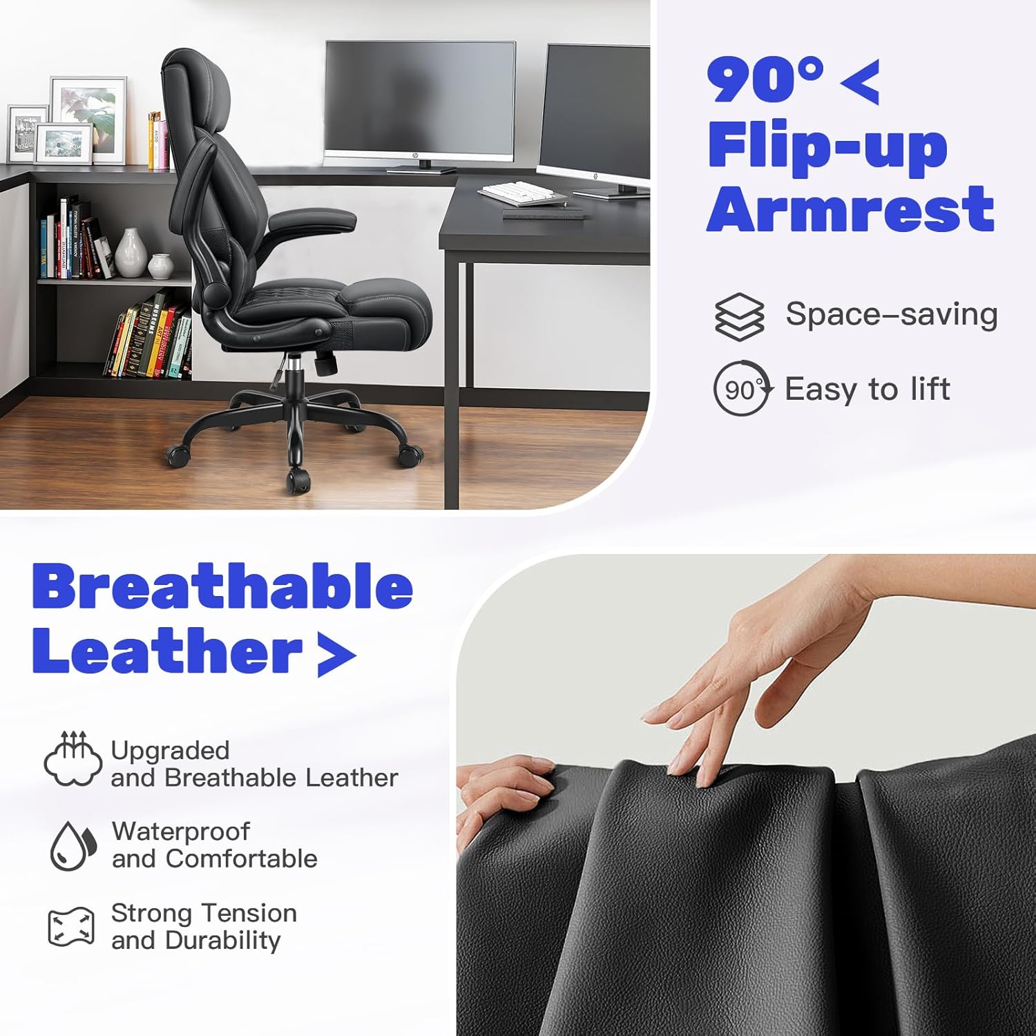 High Back Executive Office Chair - Ergonomic Computer Desk with Rocking Function, Leather Managerial with Adjustable Flip-Up Armrests and Lumbar Support - Image 3